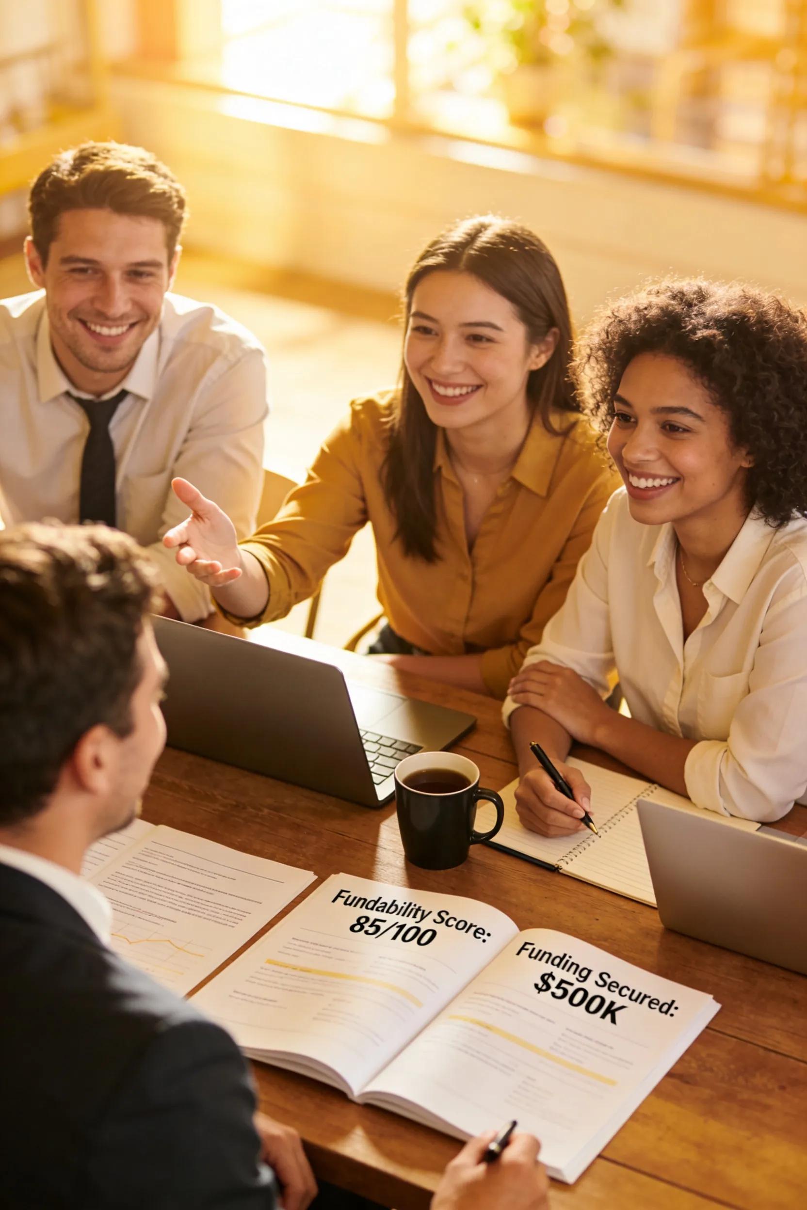 Successful business owners celebrating secured funding from fundability assessment Successful business owners celebrating secured funding from fundability assessment