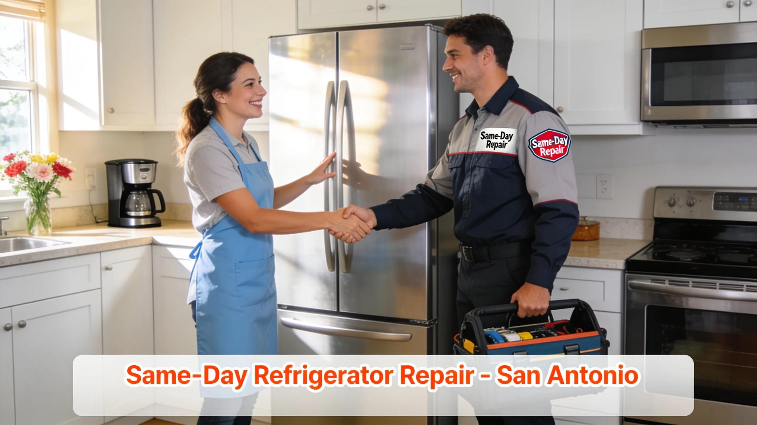 Satisfied customer receiving same-day refrigerator repair service from a technician in San Antonio, highlighting fast and reliable solutions