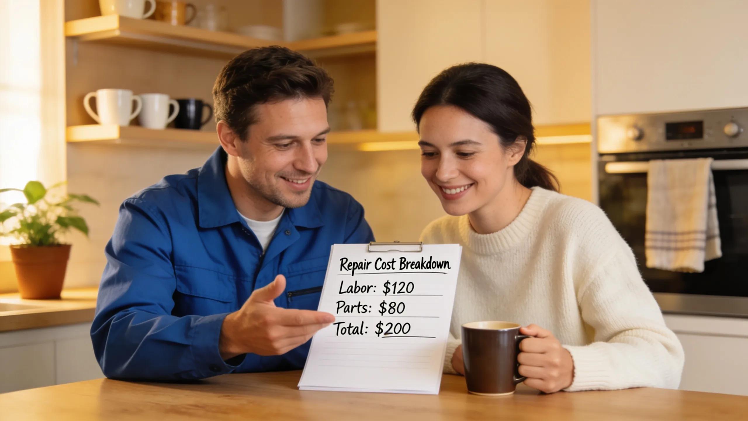 Technician explaining transparent pricing for refrigerator repairs to a homeowner, highlighting customer-focused service.