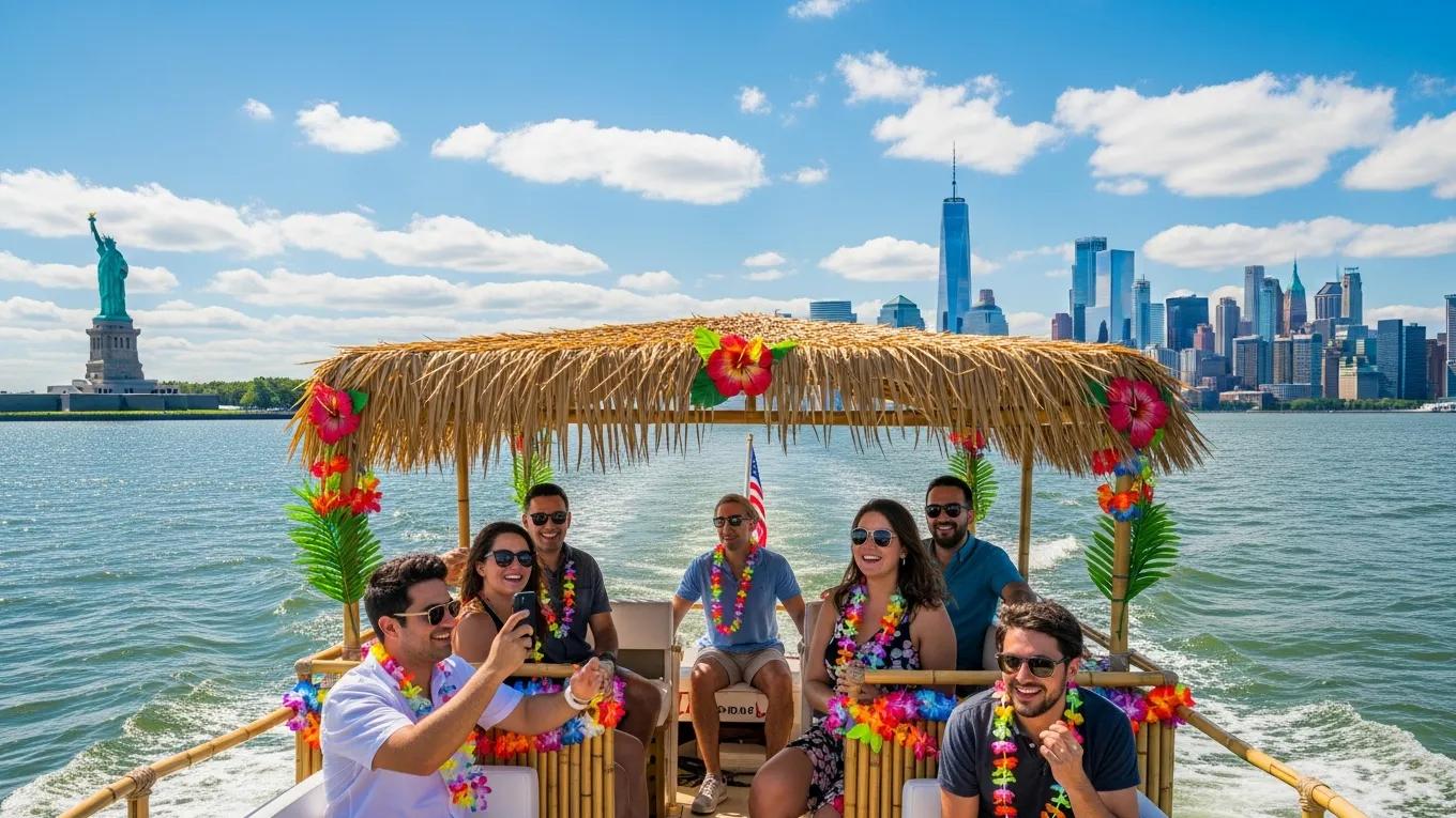 Group of friends enjoying a Tiki Boat rental on a sunny day in New York City