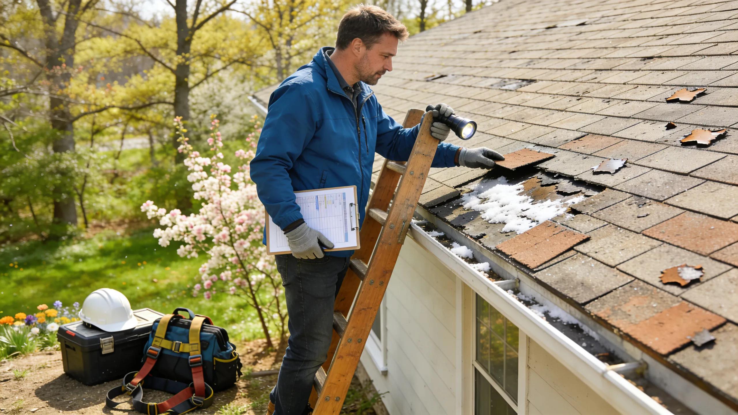Homeowner checking a roof for spring damage
