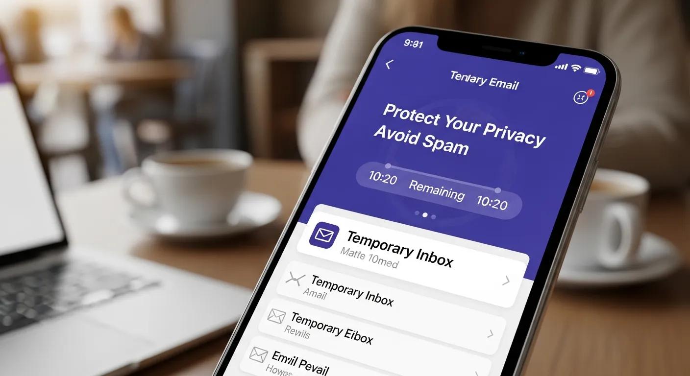 Smartphone displaying a temporary email app, highlighting privacy benefits in a cafe setting