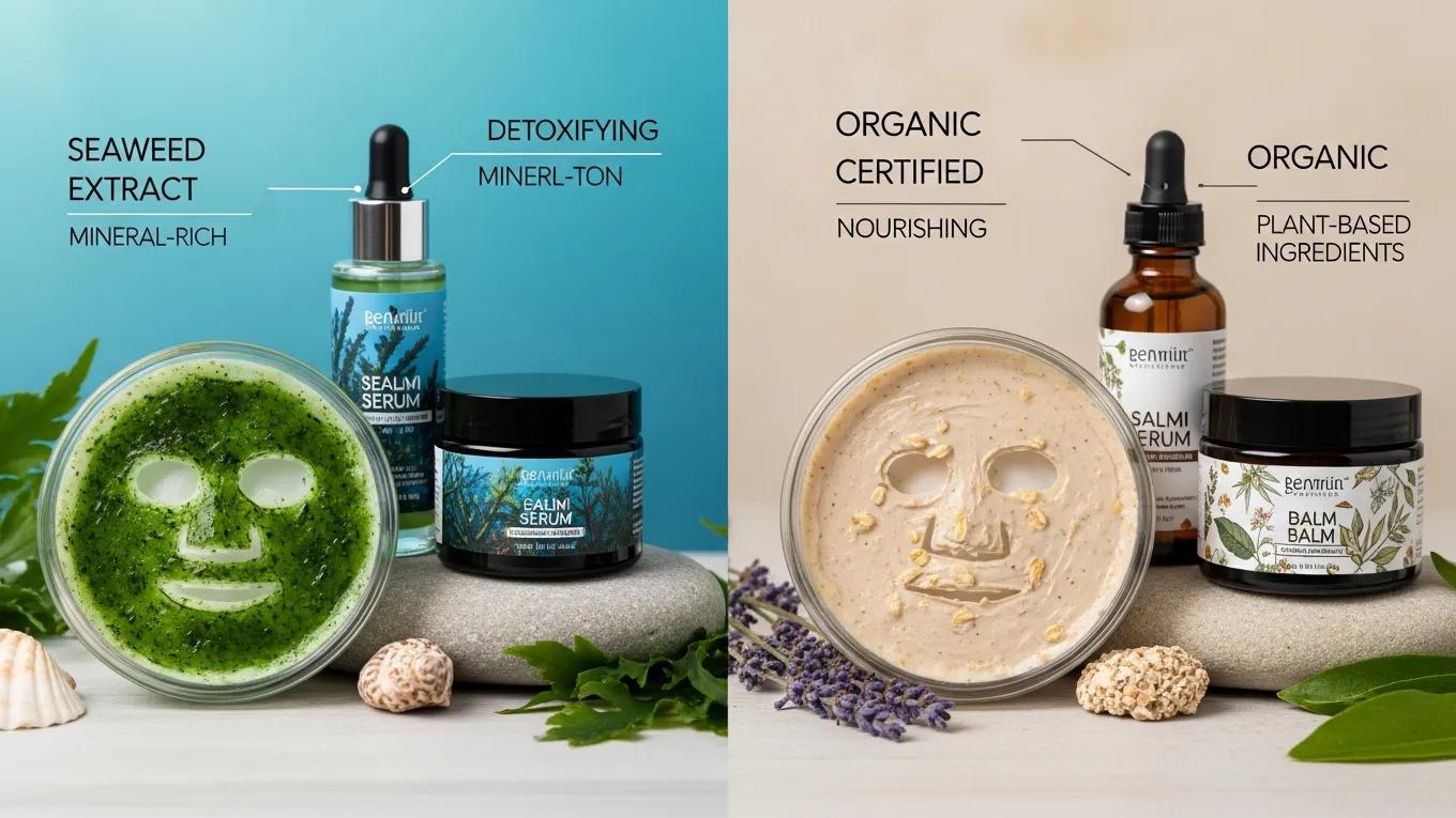 Comparison of seaweed and organic facial treatments, showcasing their unique products and benefits