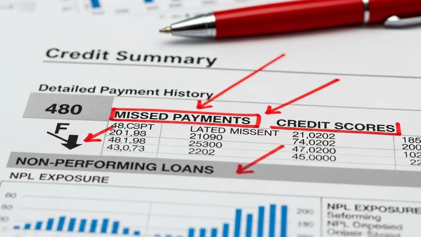 Close-up of a financial report highlighting missed payments and declining credit scores, relevant to non-performing loans