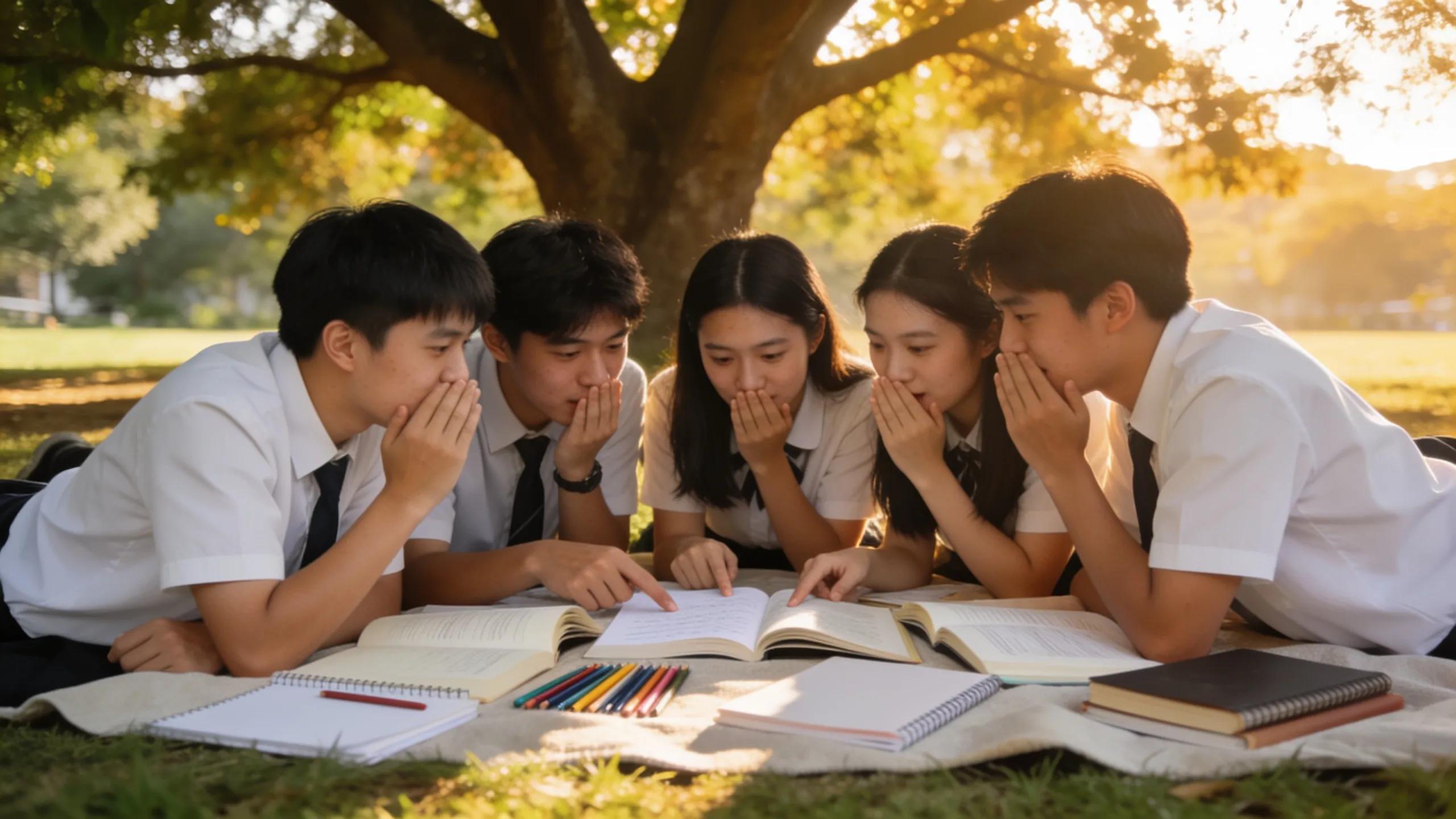High school students studying outdoors, representing academic dedication and preparation for university admission