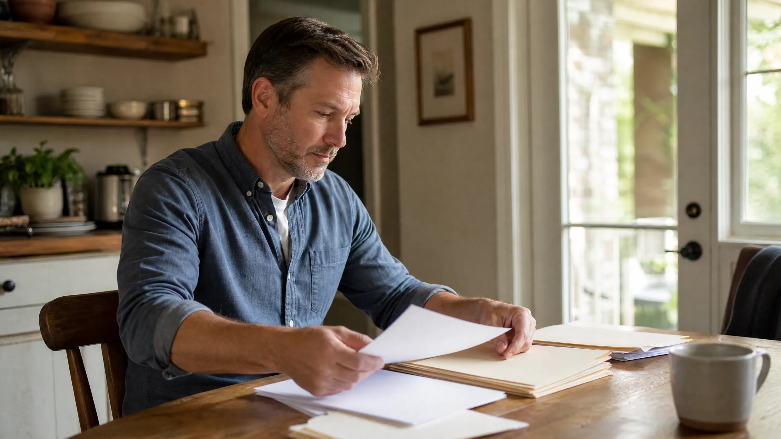 Man in his 40s at a kitchen table organizing paperwork into folders, calm and methodical