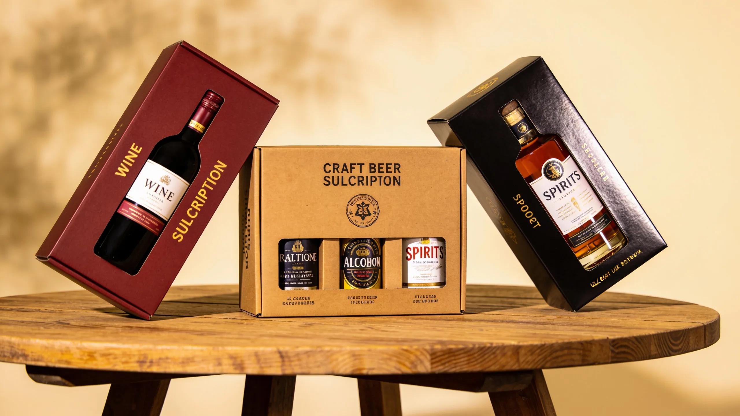 Variety of alcohol subscription boxes including wine, craft beer, and spirits displayed invitingly on a table