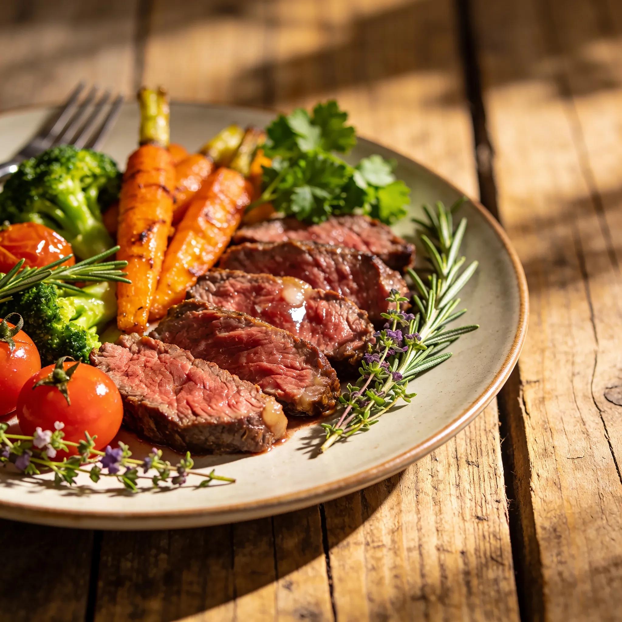 A plate of fresh grass-fed beef with vegetables showcasing its nutritional advantages