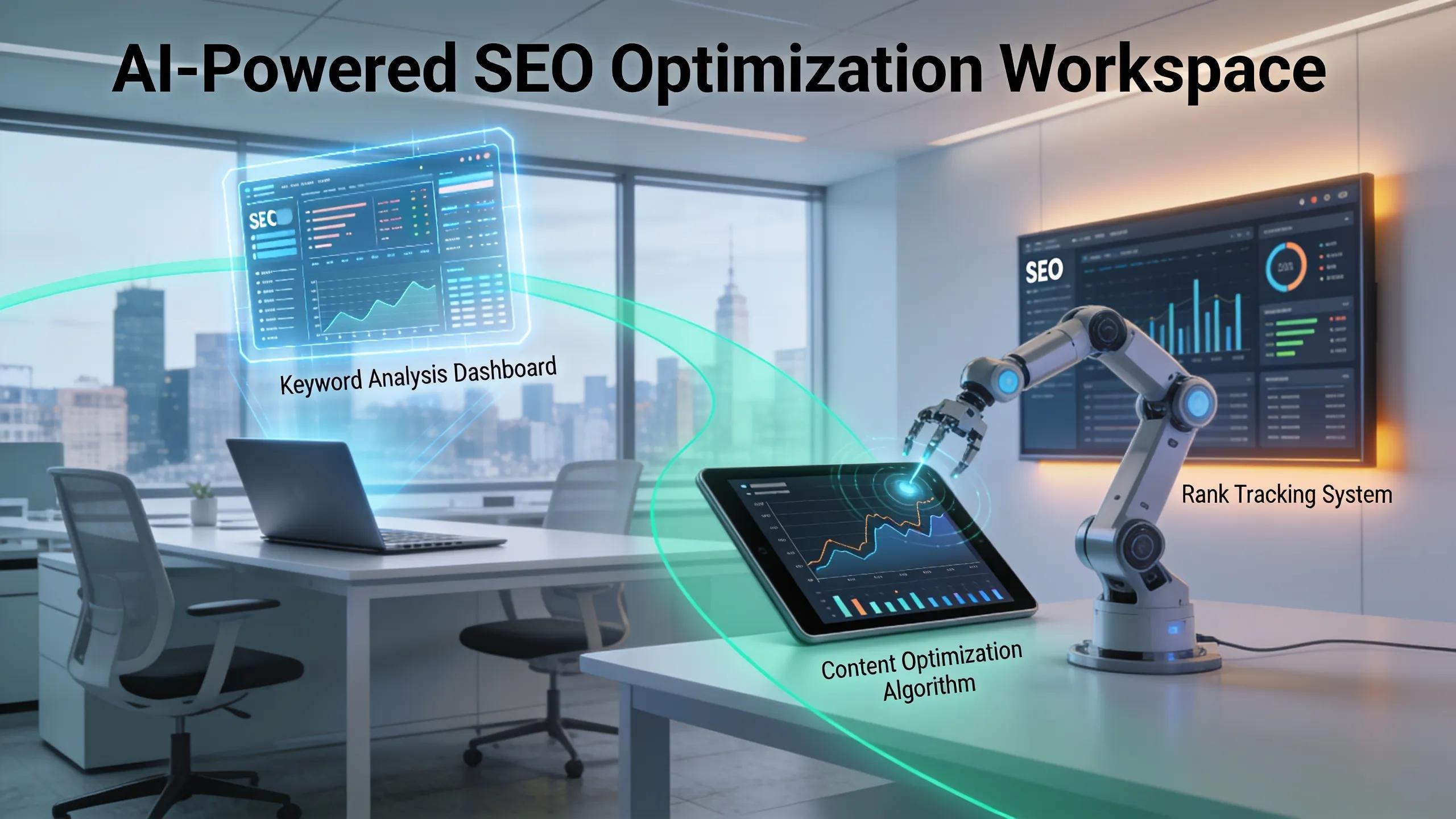 High-tech AI tools in a modern workspace emphasizing their role in SEO optimization strategies