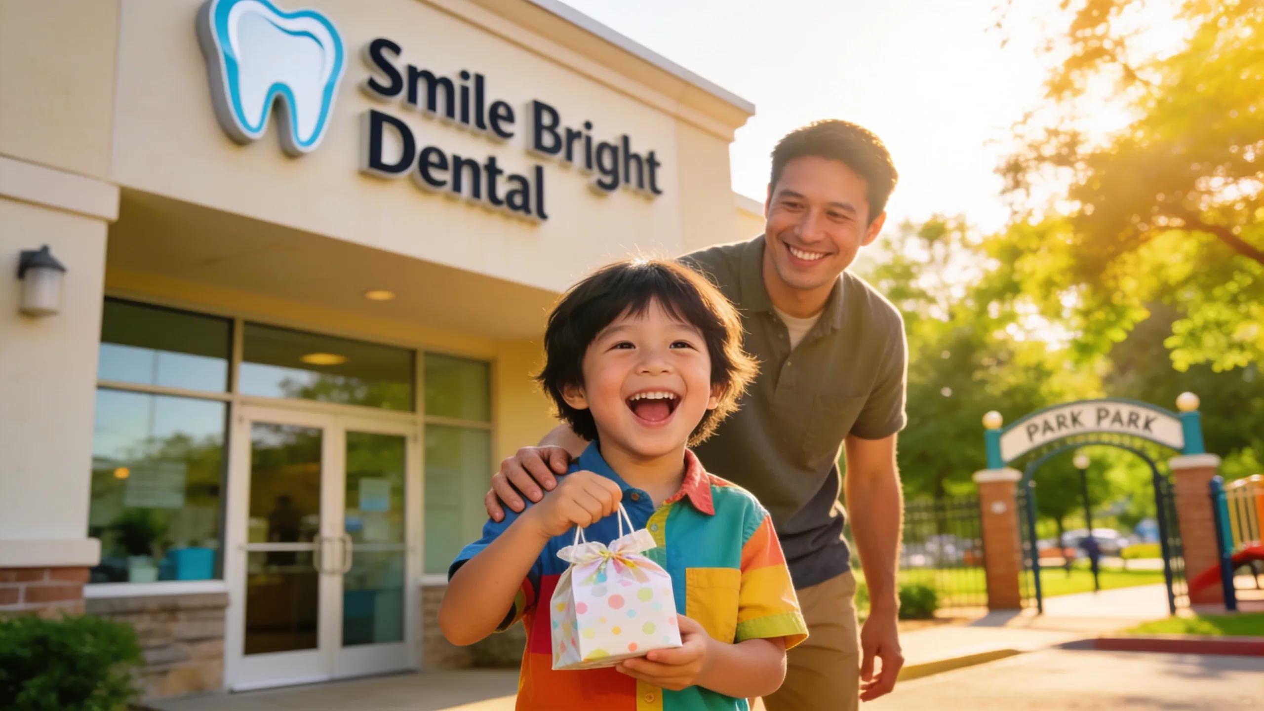 Child celebrating after their first dental visit, holding a gift bag and smiling alongside a parent, reinforcing positive dental experiences