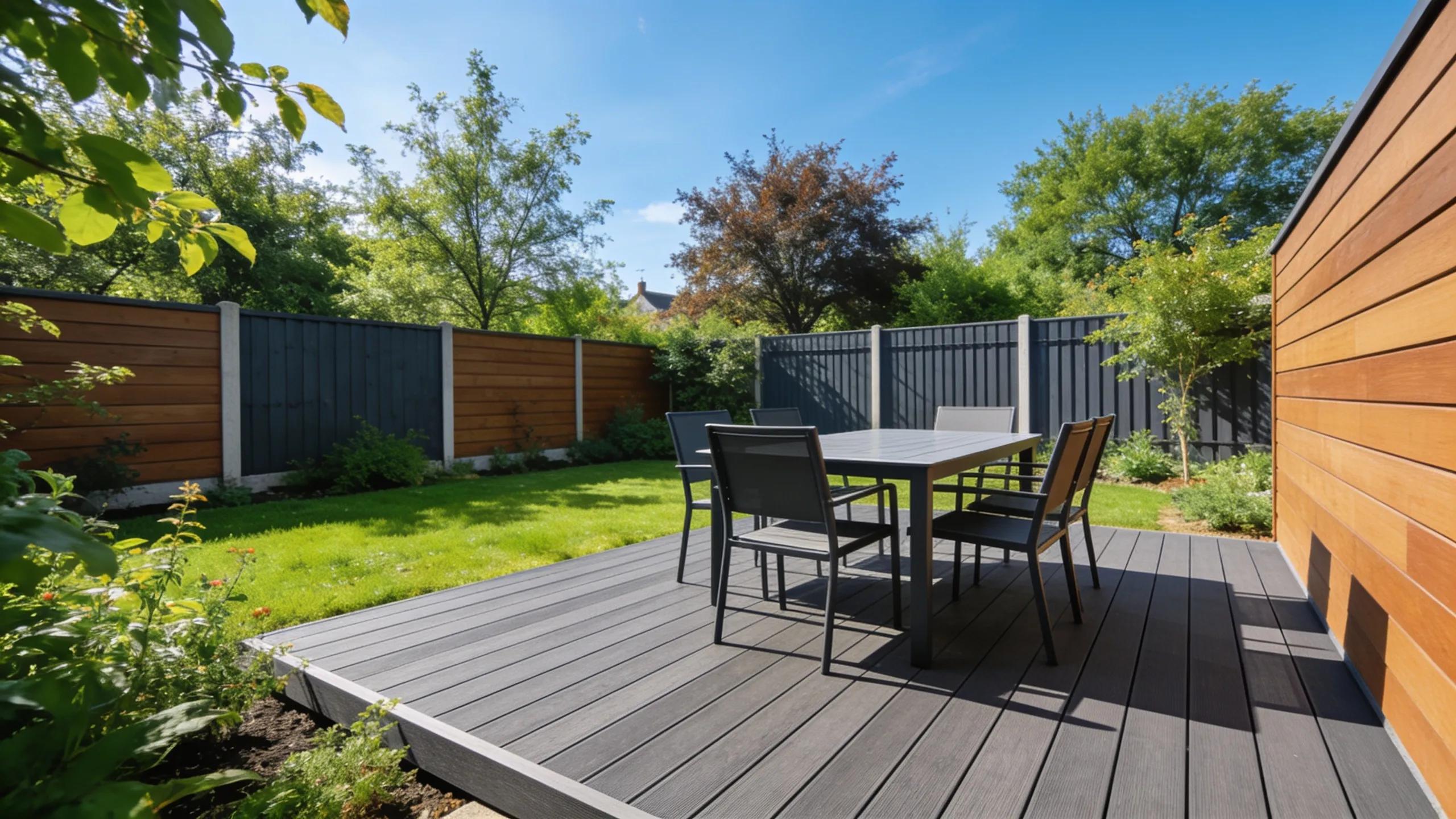 Composite decking and cladding in a landscaped outdoor setting
