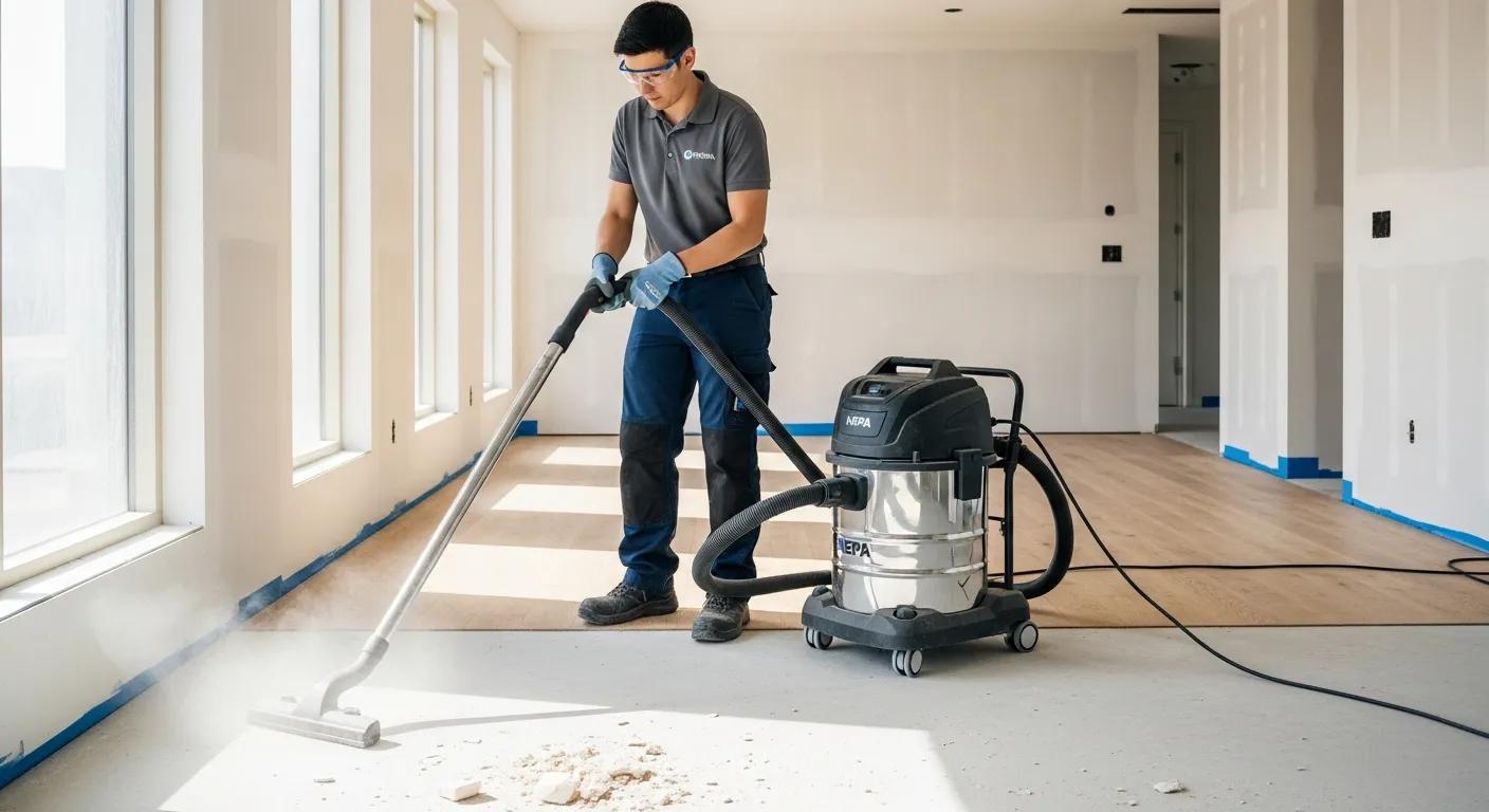 Professional cleaner using a HEPA vacuum to remove dust in a renovated space