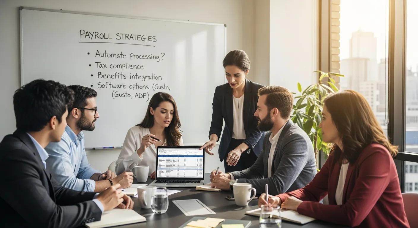 Small business team discussing payroll strategies in a meeting