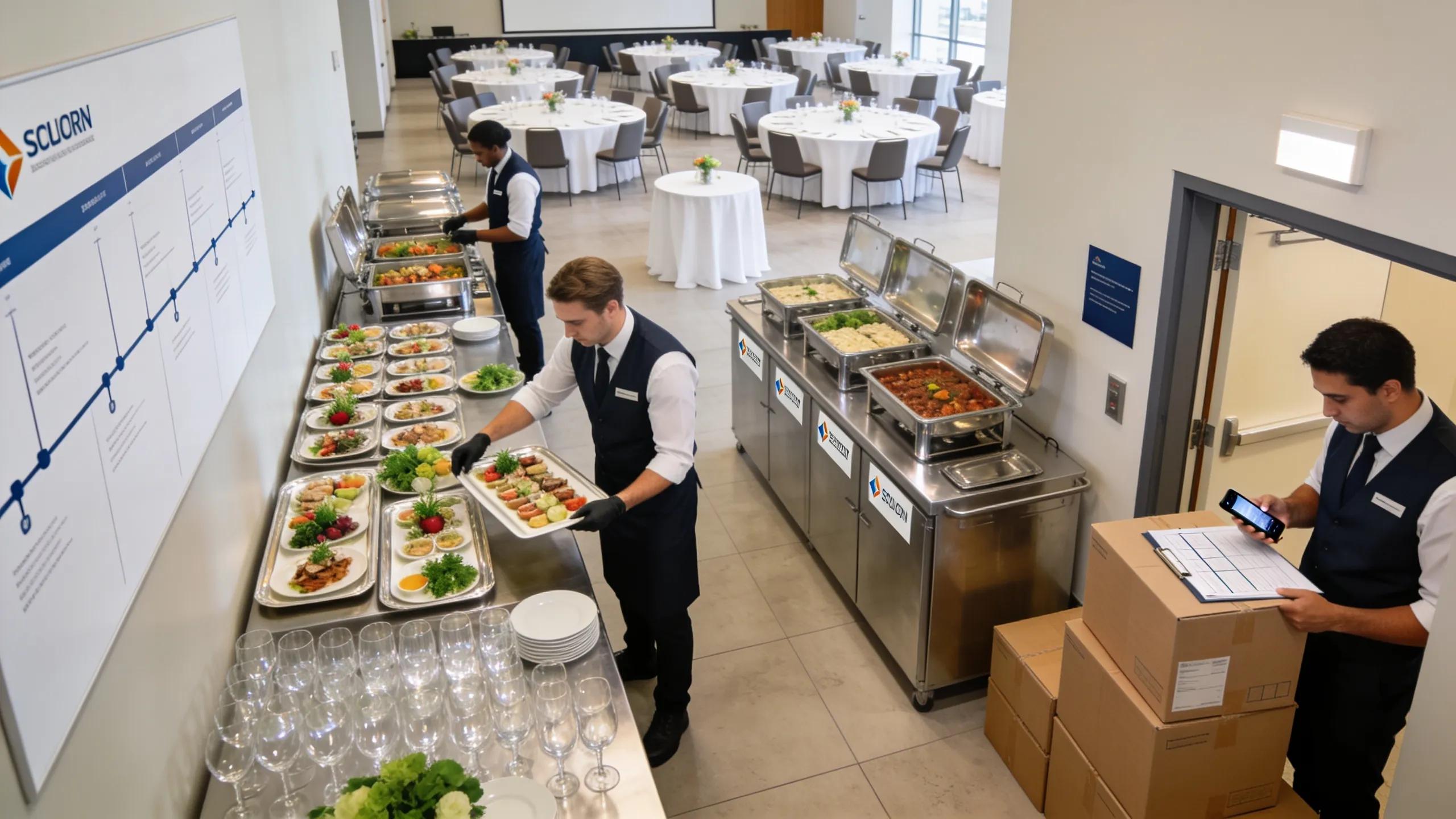 Catering team preparing ready-to-serve platters in an office boardroom, highlighting seamless logistics and organization