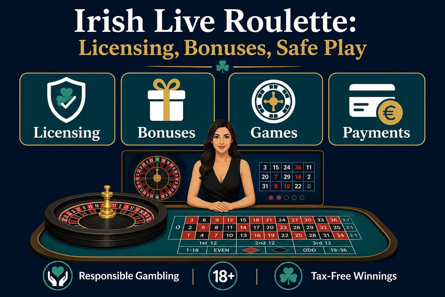 Real money online roulette casino guide for Irish players with roulette wheel and casino theme.