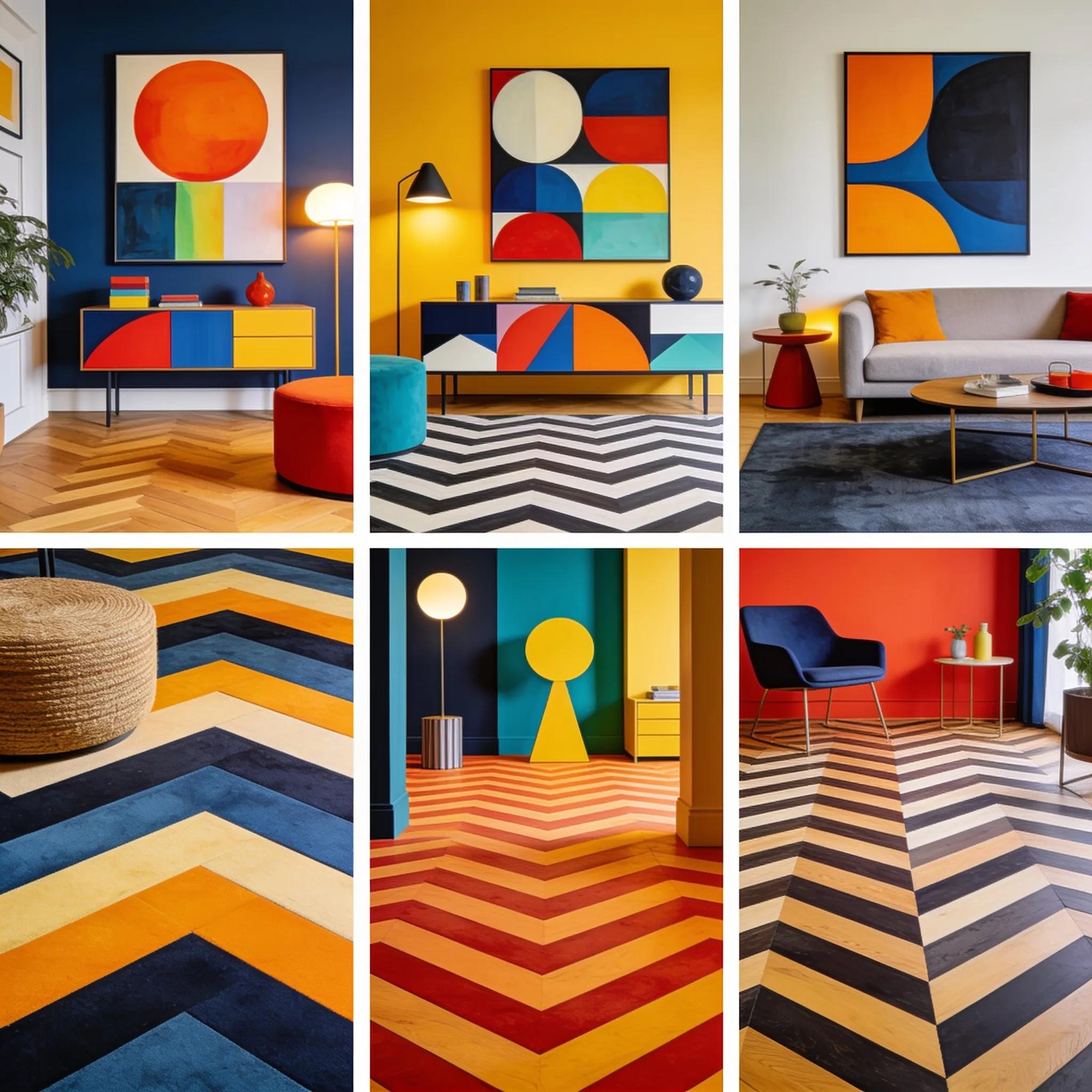 Modern room with chevron and herringbone hardwood patterns and simple, stylish furnishings