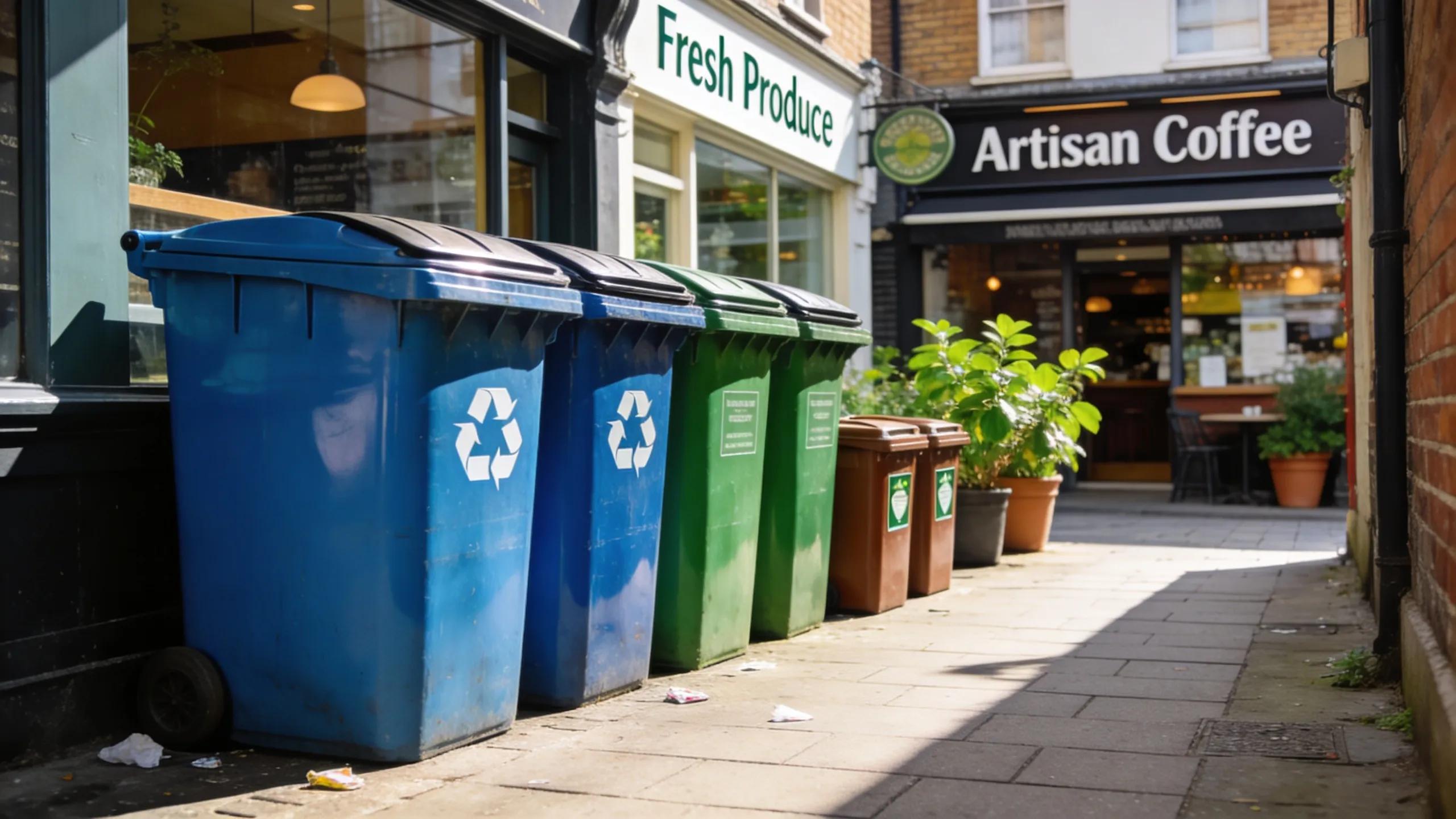 Private wheelie bins for waste collection in a commercial area of London, emphasizing efficient waste management Private wheelie bins for waste collection in a commercial area of London, emphasizing efficient waste management