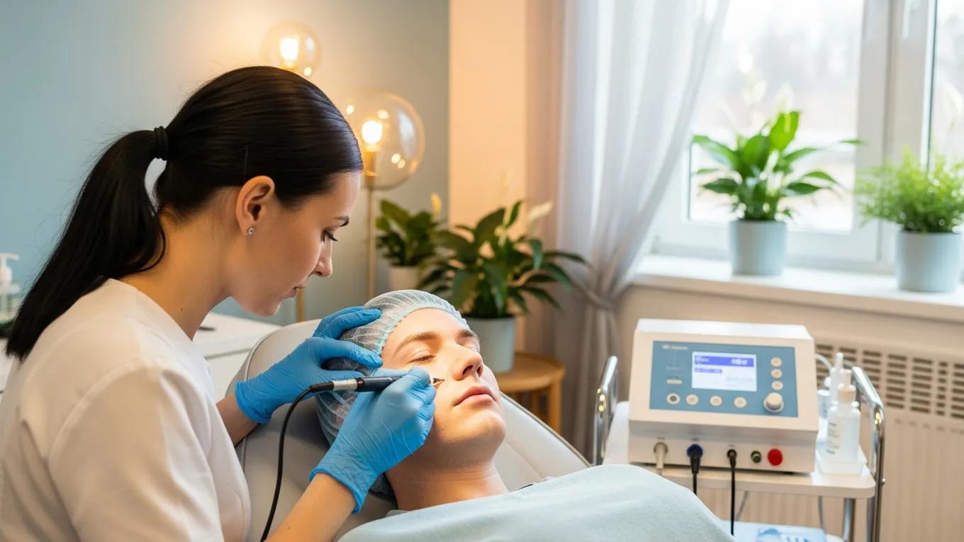 Transgender individual receiving electrolysis treatment in a welcoming clinic environment