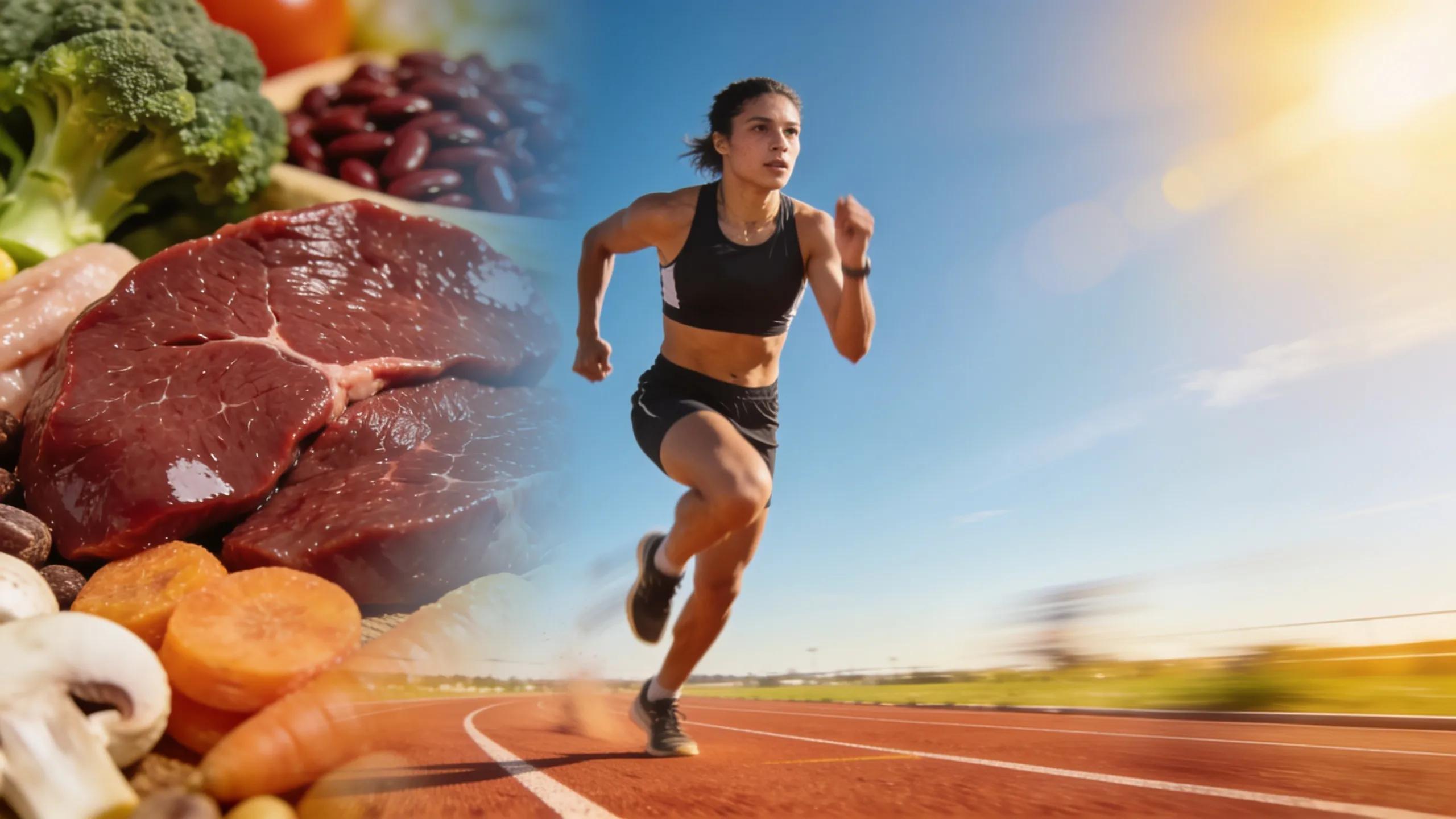 Athlete running on a track with iron-rich foods, emphasising the role of beef liver in enhancing performance