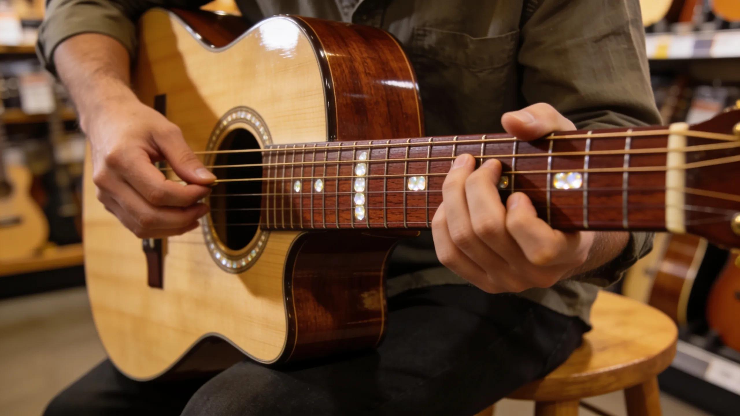 A person examining an acoustic guitar in a music shop, focusing on tonewood quality and craftsmanship