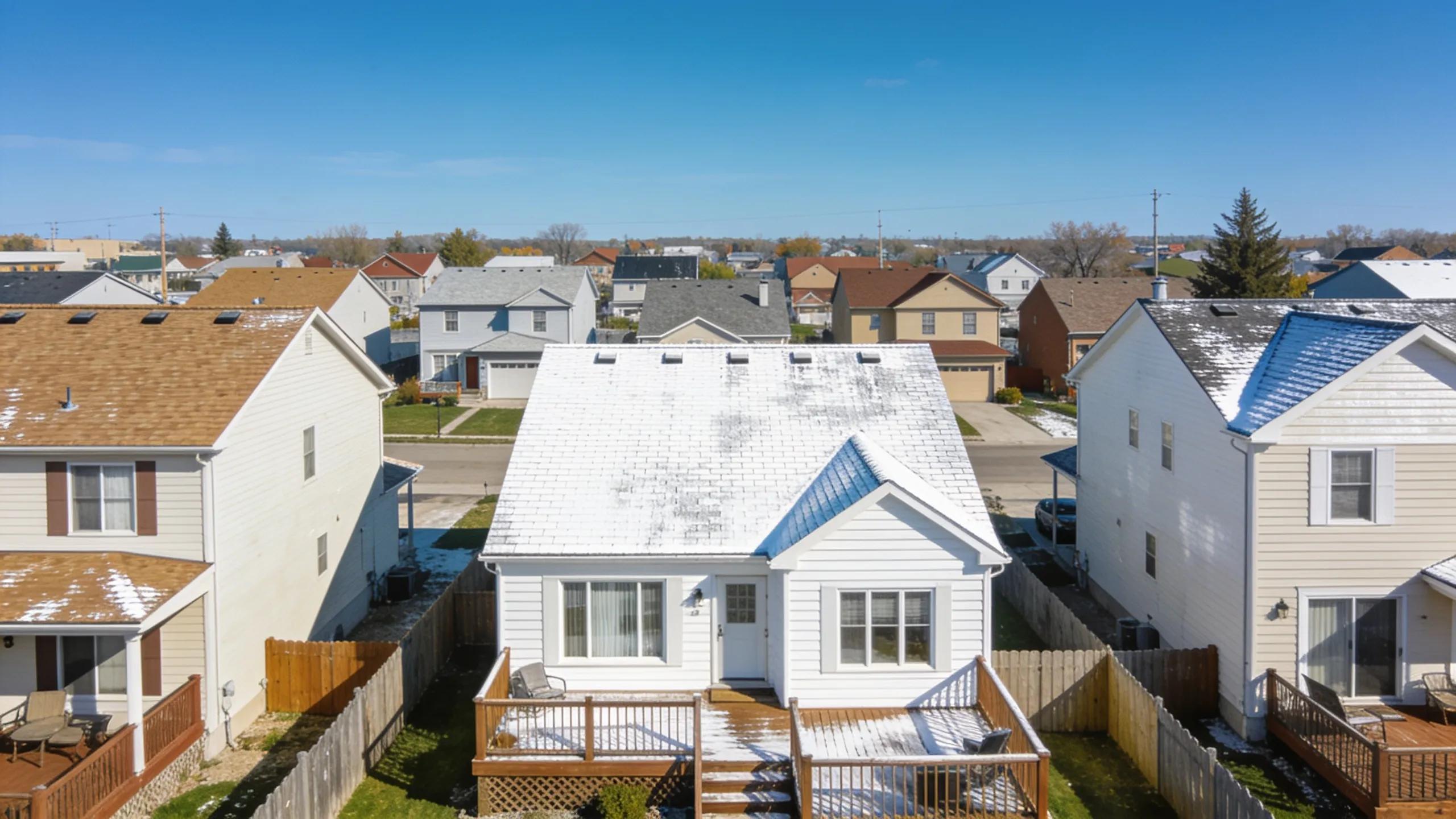Neighborhood in Mankato with clean roofs and exteriors after soft wash cleaning, demonstrating surface protection benefits