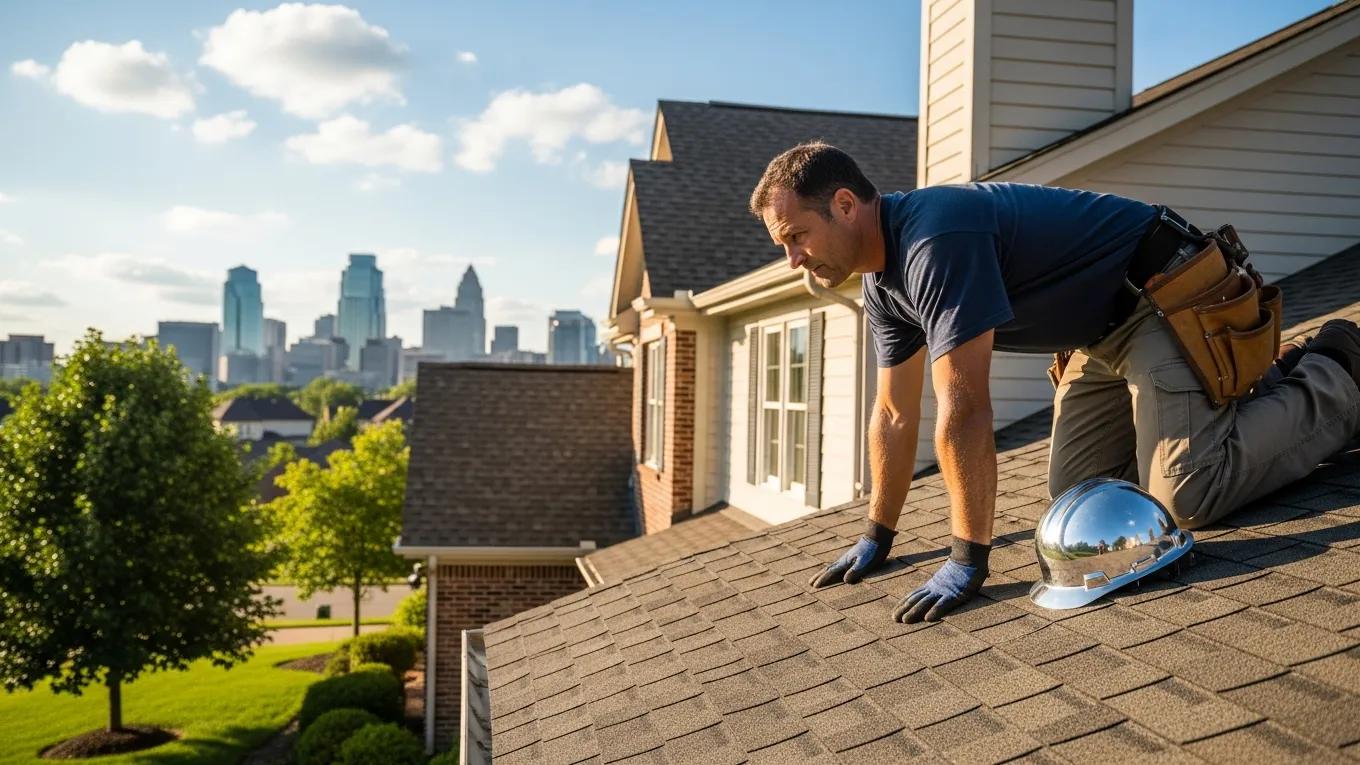 Professional roofing contractor inspecting a residential roof in Kansas City