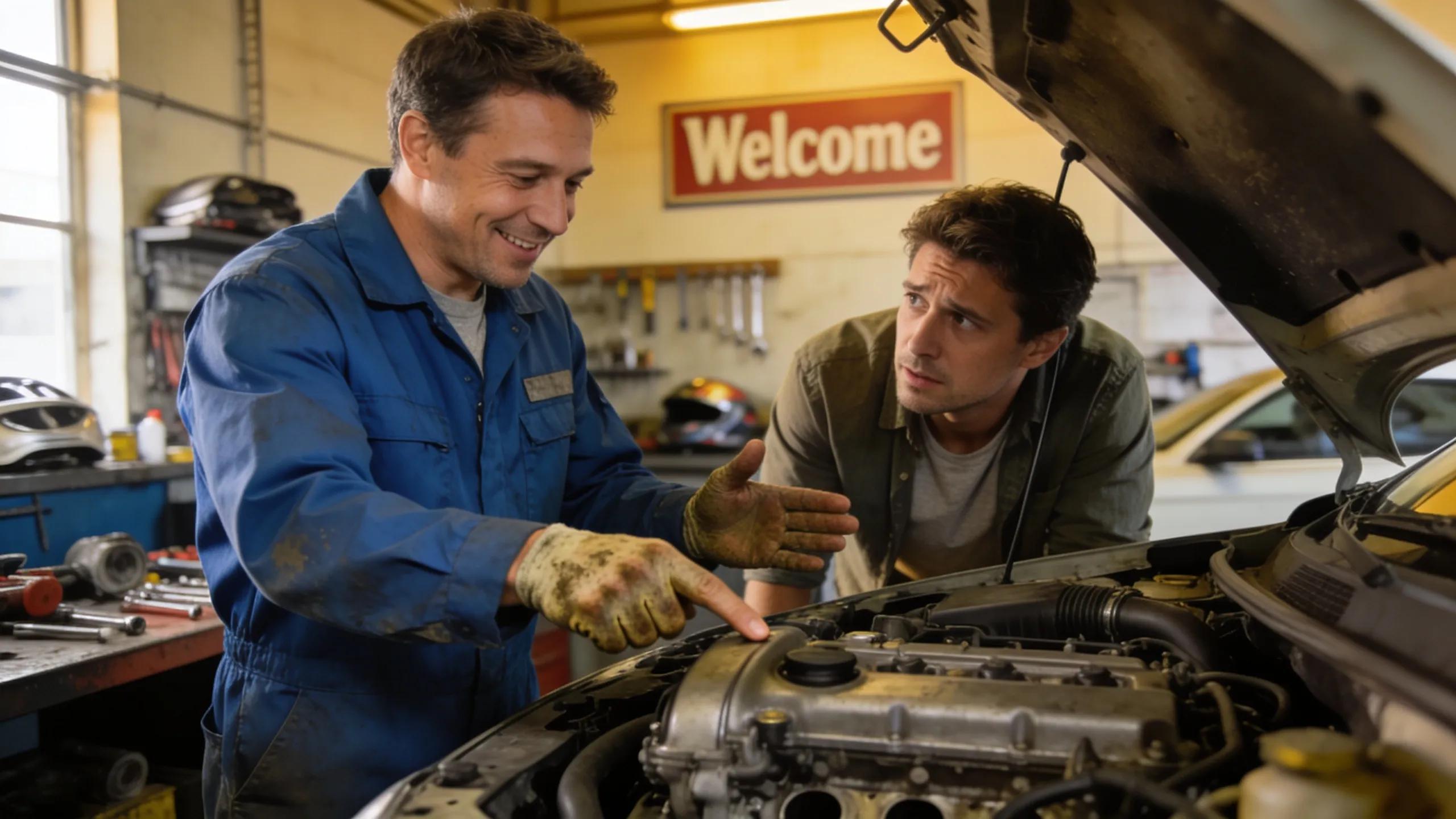 Customer evaluating a mechanic's services with good communication in an auto repair setting