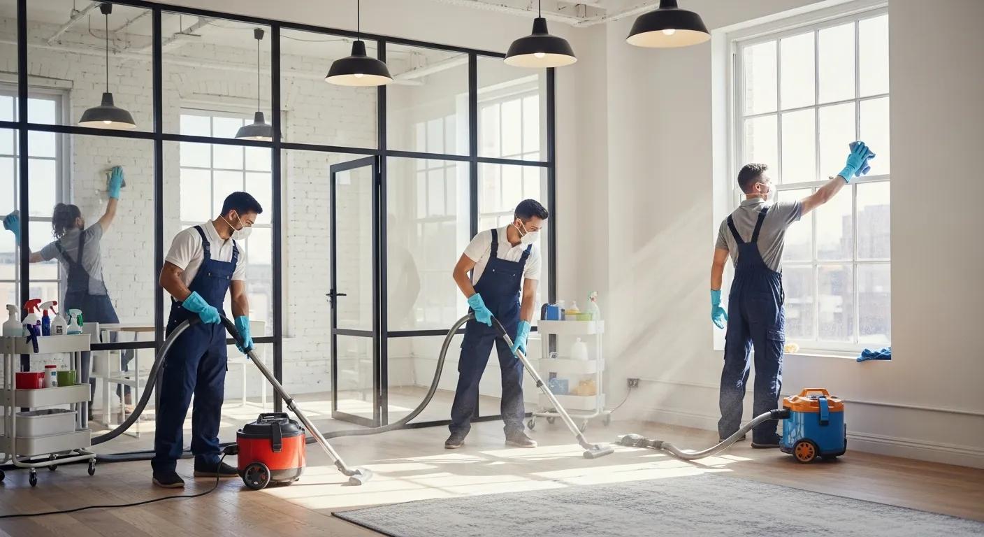 Professional cleaners using HEPA vacuums in a renovated space, showcasing reliable post-construction cleaning services