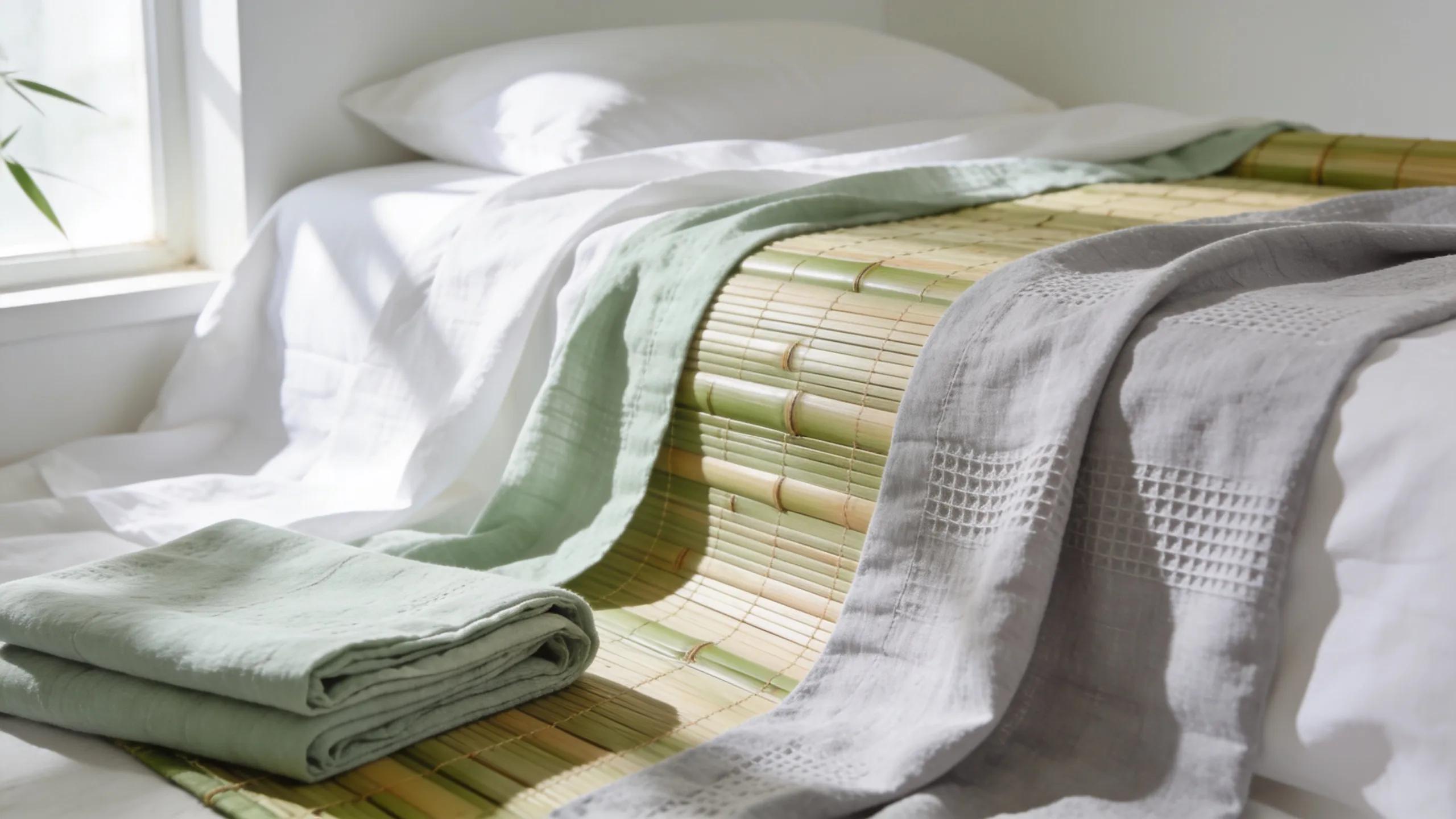 Bamboo and cotton bedding materials arranged beautifully, showcasing breathability and cooling benefits