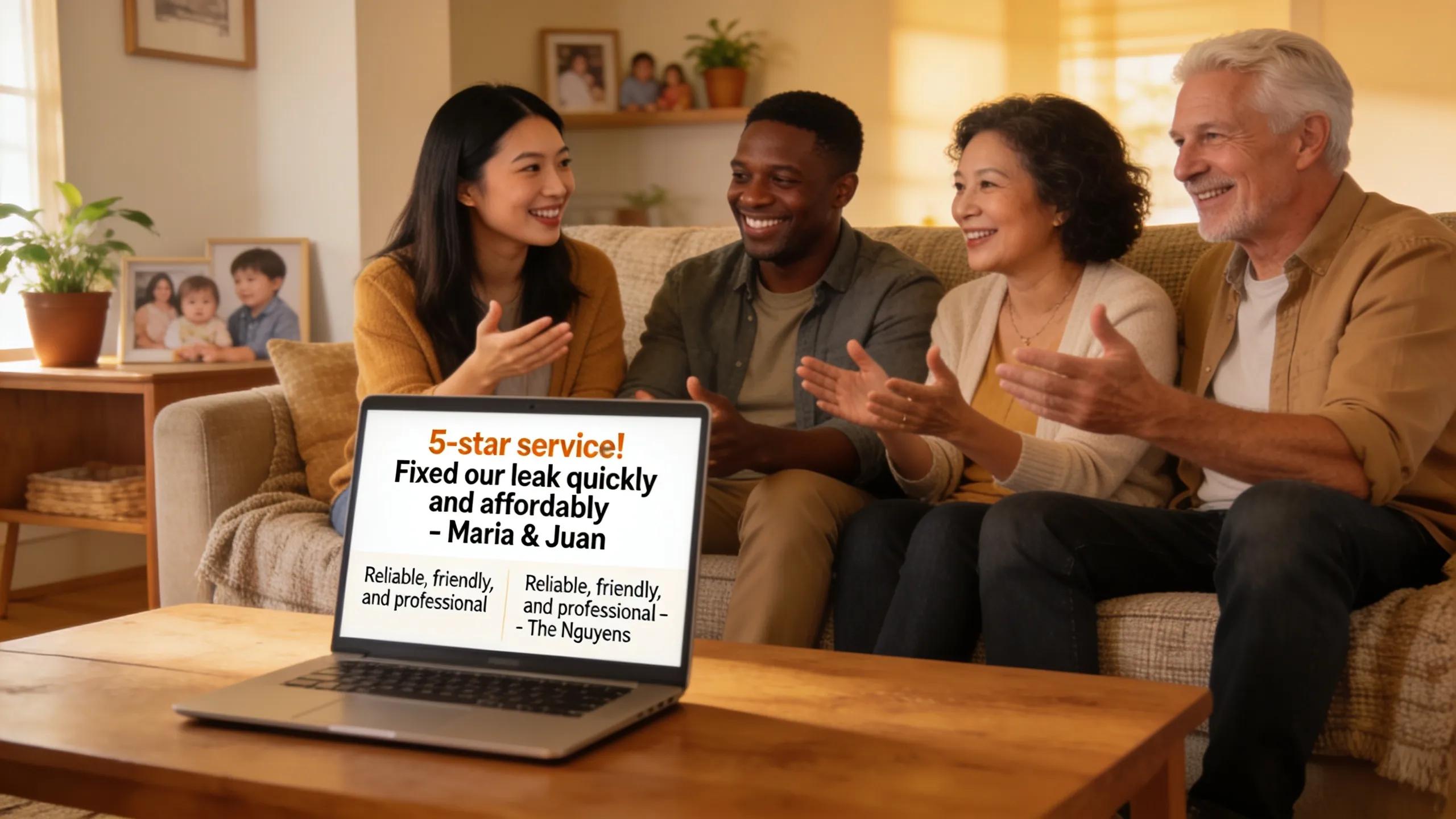 Homeowners sharing positive customer reviews about their plumbing service experiences