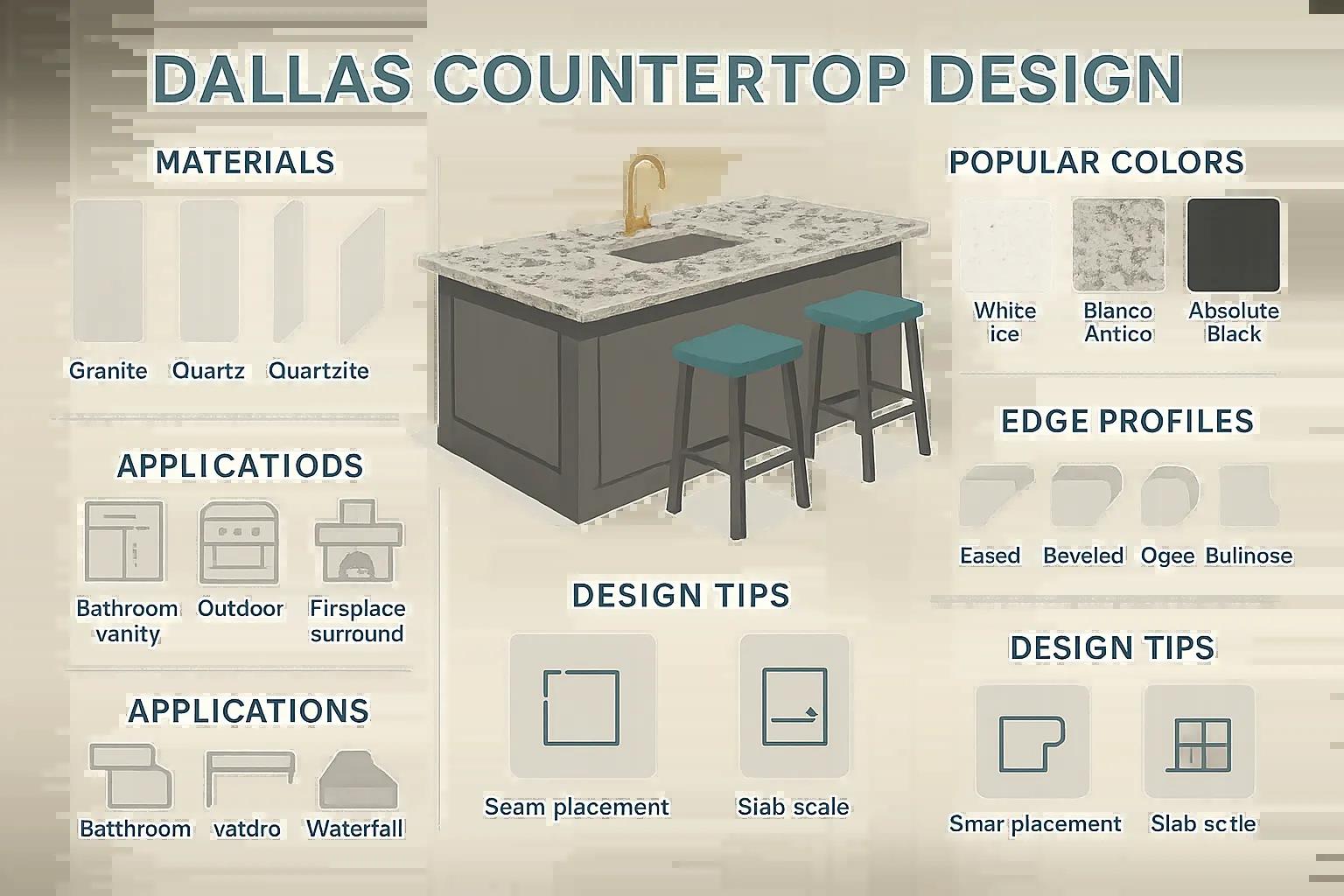 Selection of popular Dallas countertop styles, including white, gray, and black granite with various veining and finishes