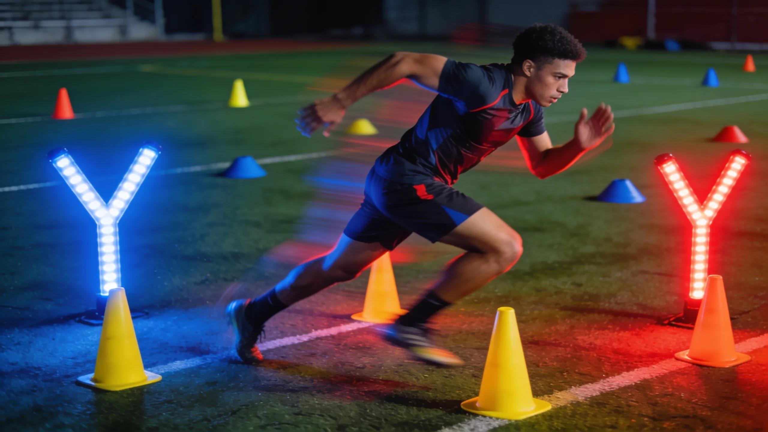 Athlete performing a Y-drill agility test while reacting to visual cues, highlighting decision-making skills