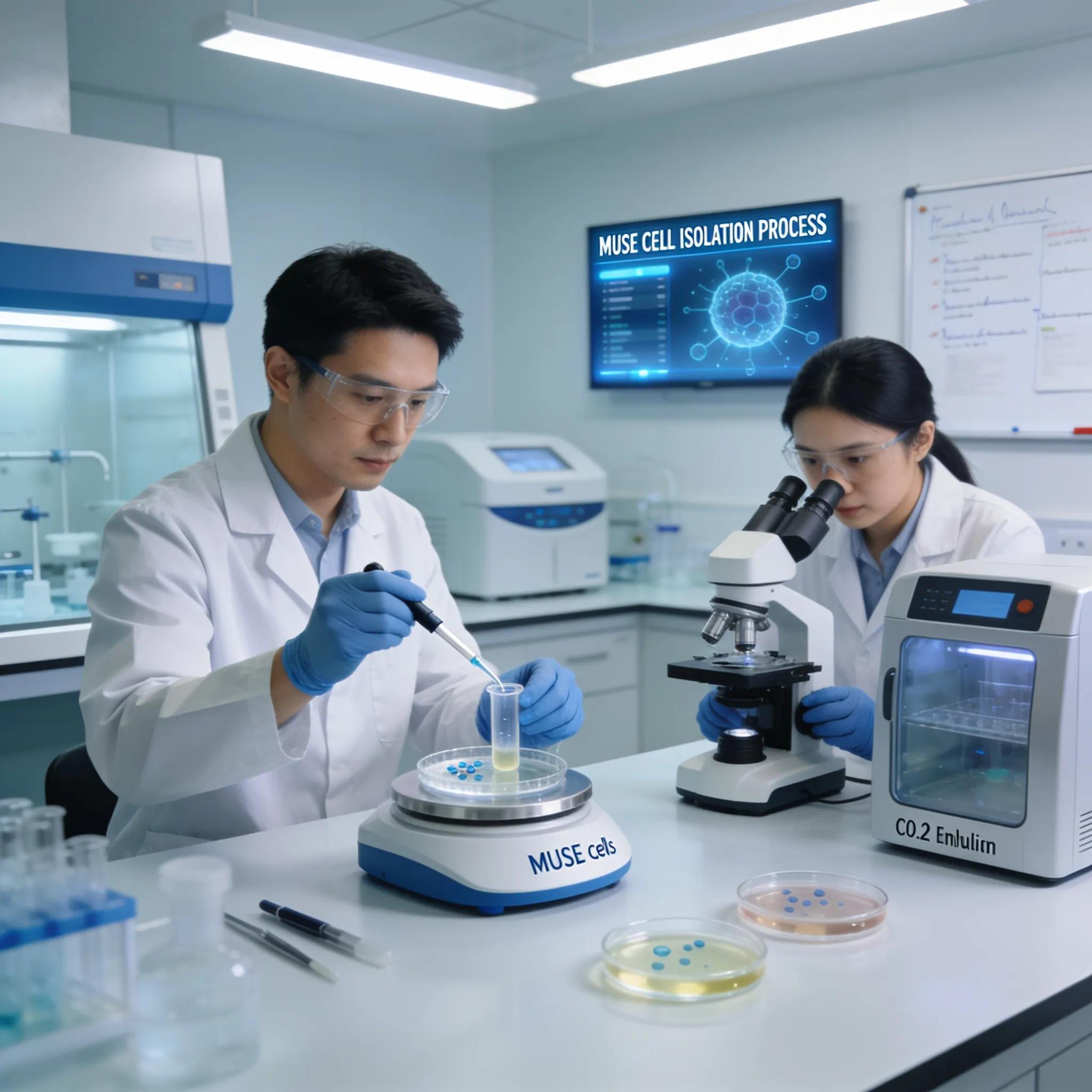 Scientists isolating MUSE cells in a high-tech laboratory setting