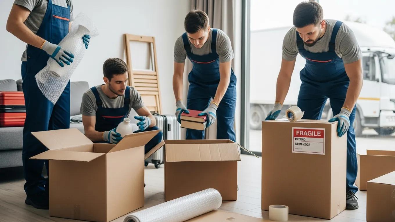 Professional movers packing items for an international relocation