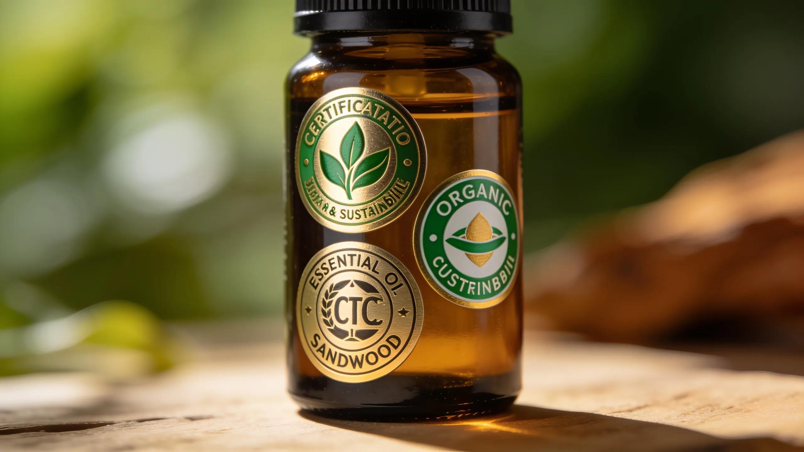Close-up of sustainable certifications on sandalwood essential oil, emphasising organic quality and ethical sourcing