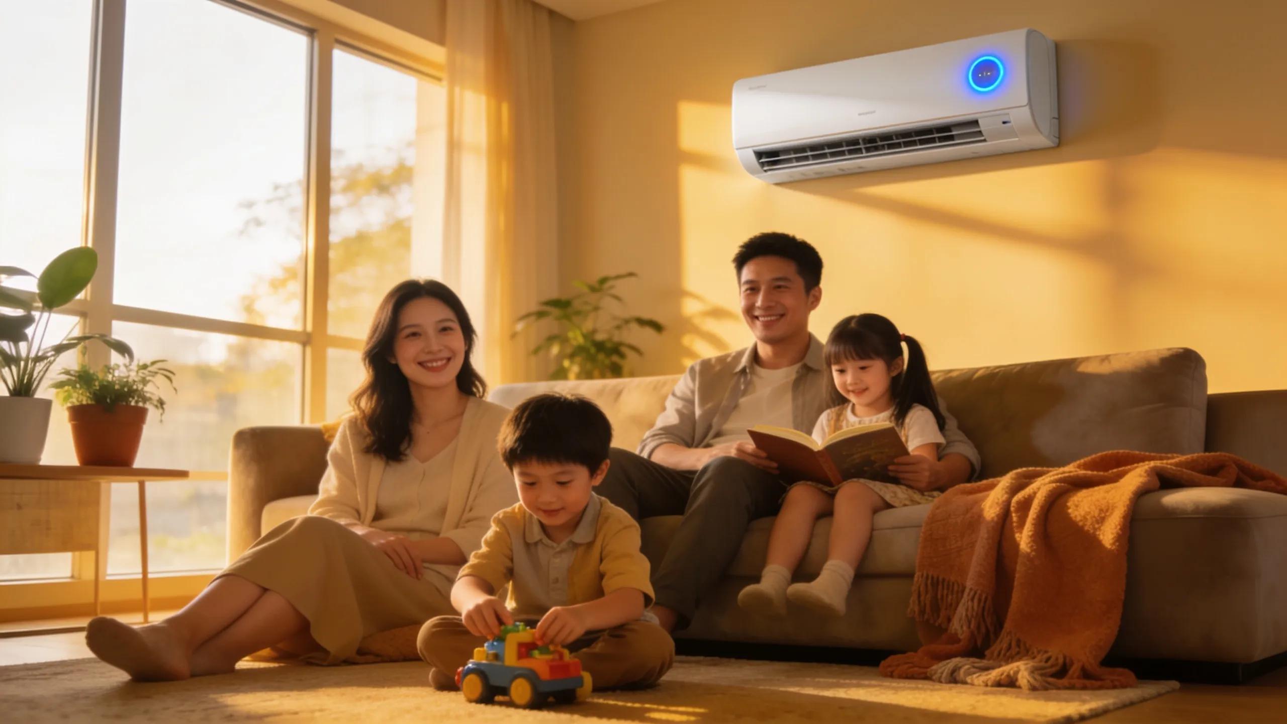 Happy family in their home with a heat pump installed showcasing homeowner satisfaction