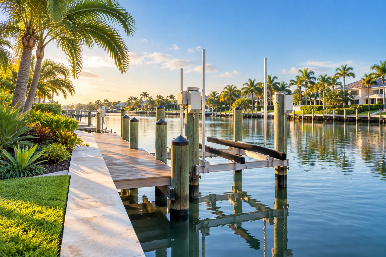Concrete seawall and wooden dock with a boat lift along a calm residential canal in morning light