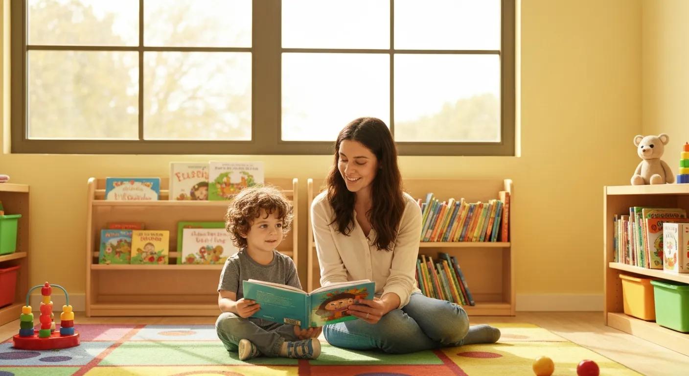 Create a realistic, high-resolution photograph of a parent or teacher reading aloud to a young child (ages 1–6) in a warm, inviting early childhood environment. The image should highlight the emotional connection and brain-building benefits of reading.