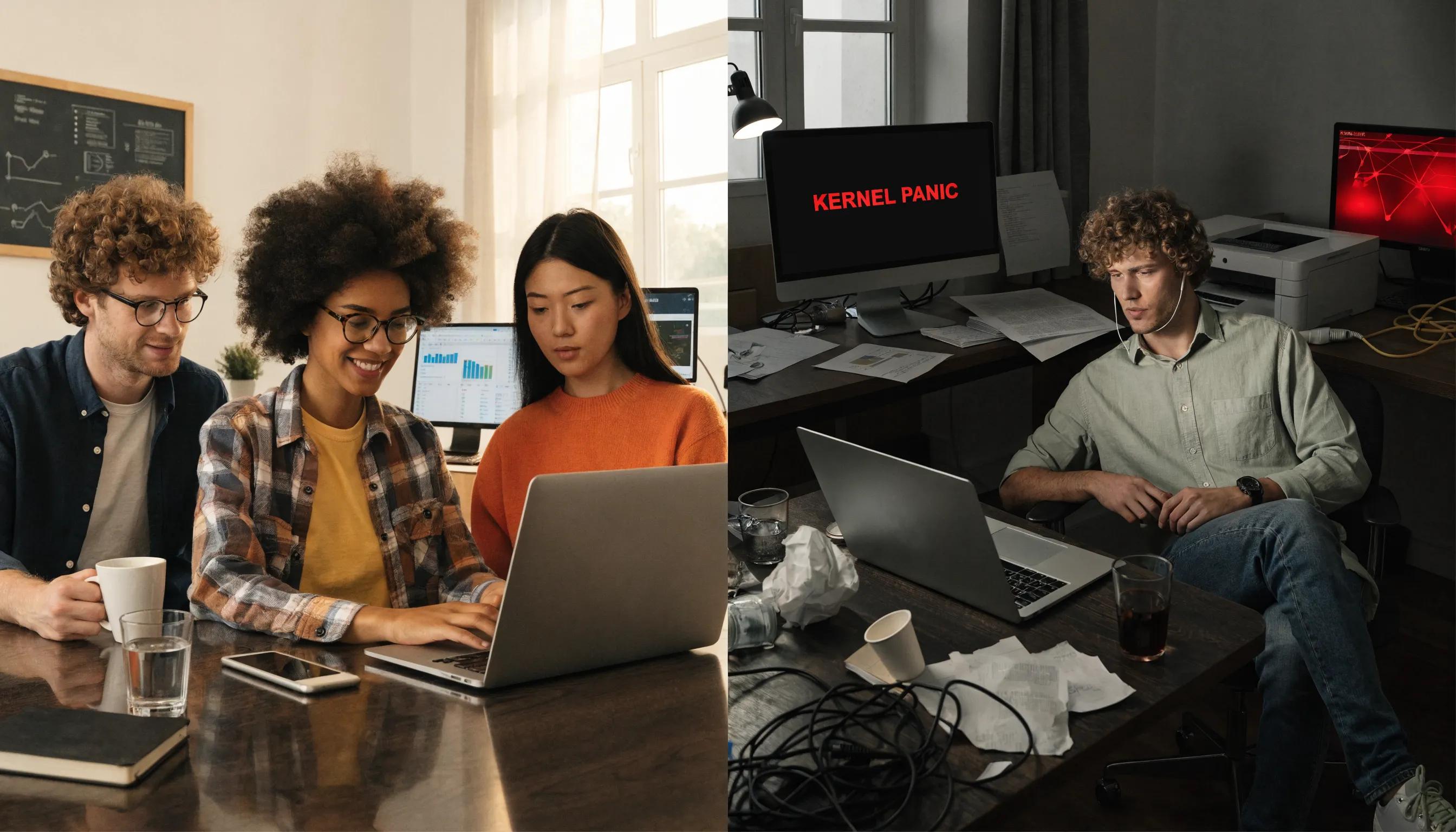 Contrasting workspaces illustrating differences between managed and unmanaged cloud hosting solutions