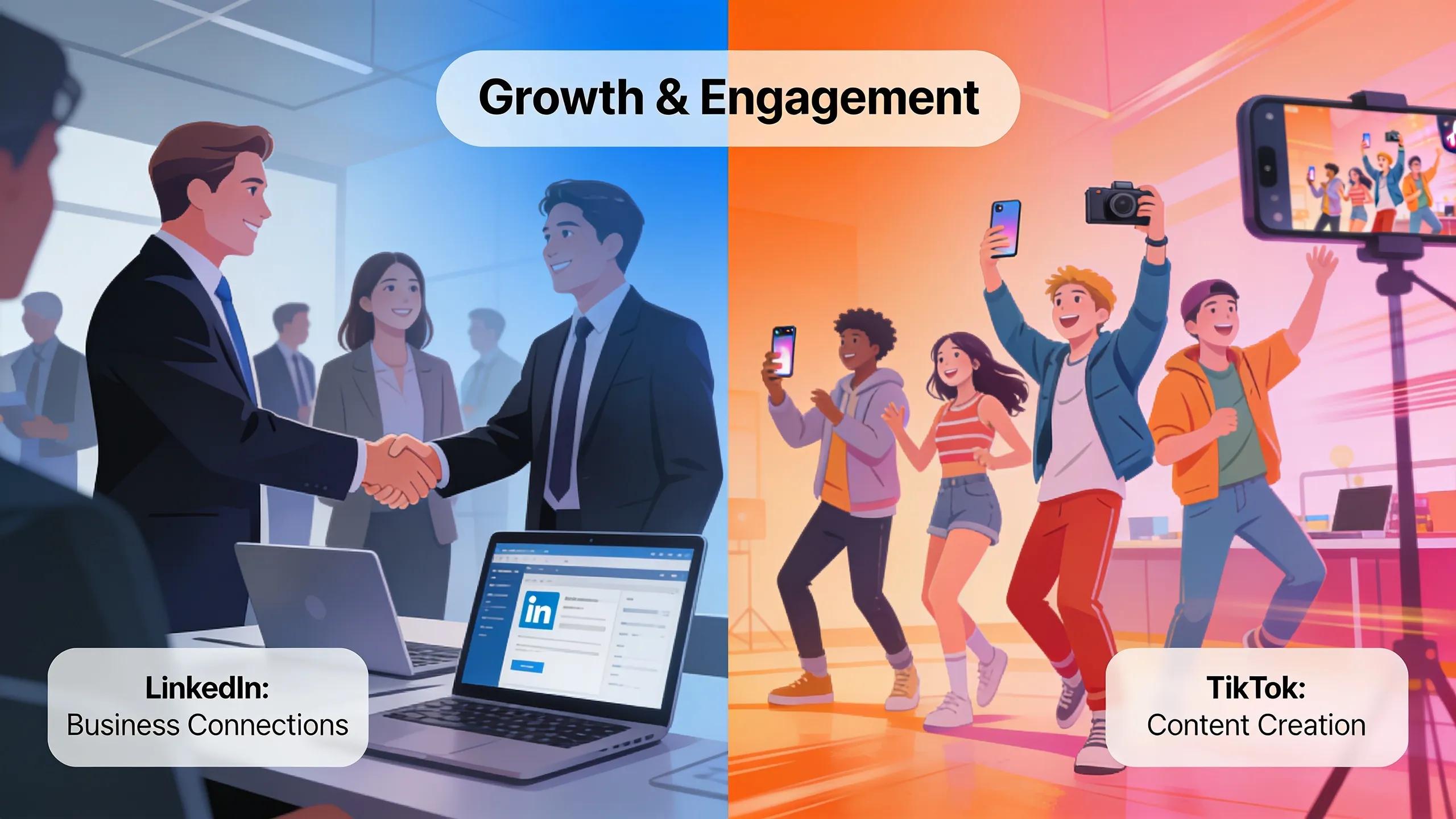 Professional networking on LinkedIn juxtaposed with vibrant TikTok content creation for business growth