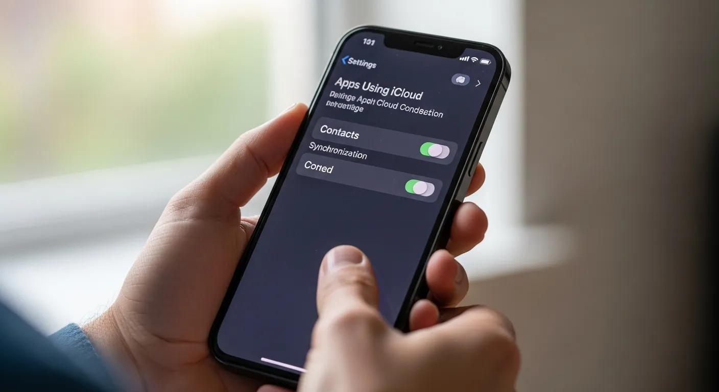 Person holding an iPhone showing iCloud settings to sync contacts