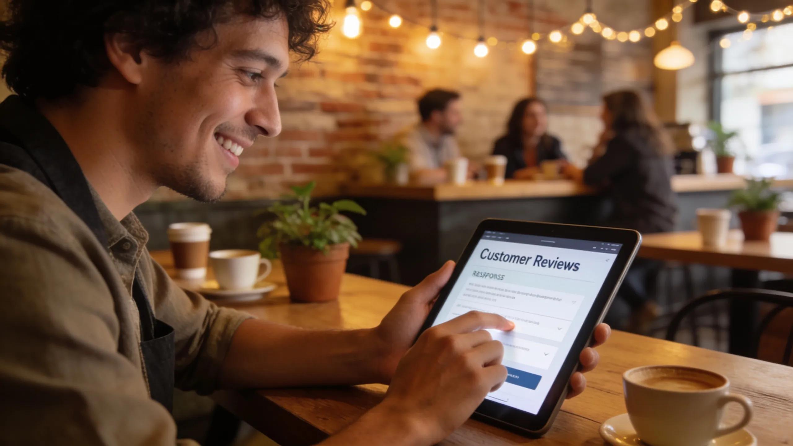 Business owner engaging with customer reviews and feedback in a warm café environment
