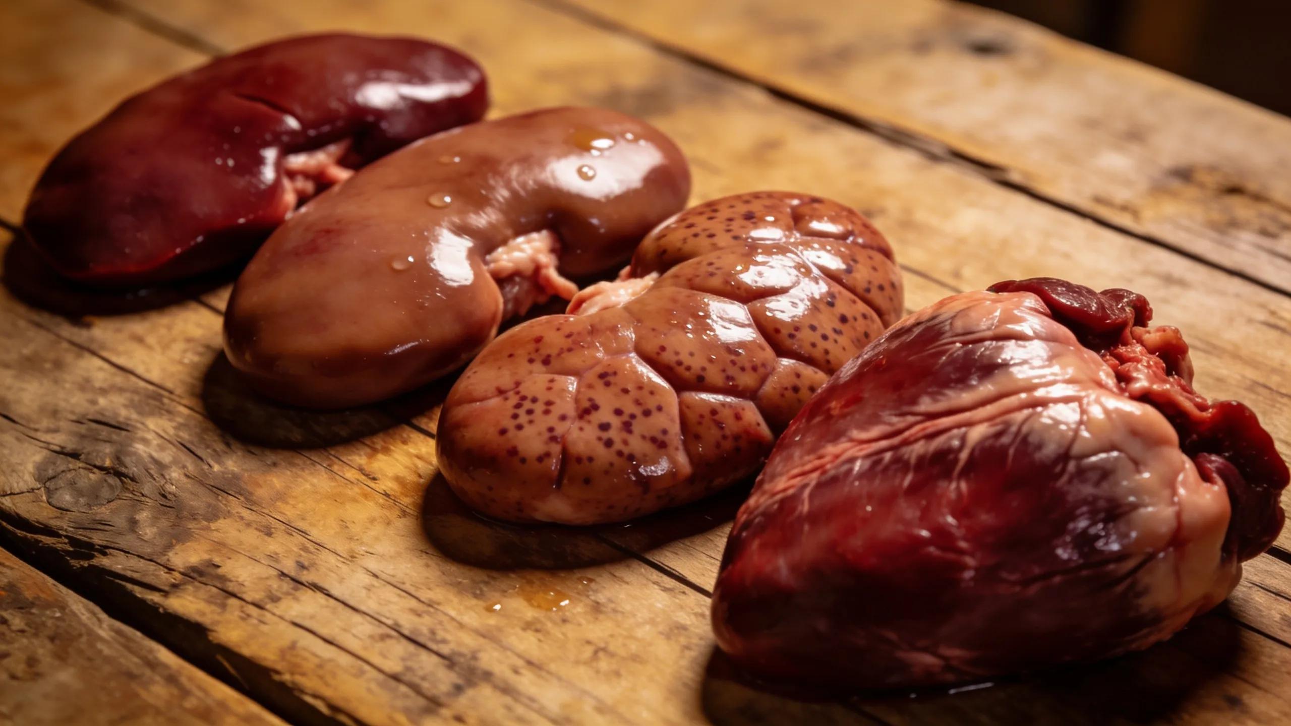 Diverse and appealing organ meats including liver, kidney, and heart displayed on a wooden table