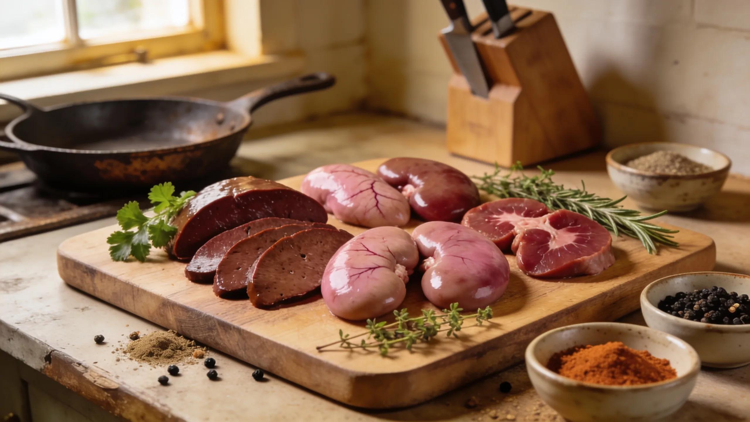 Variety of organ meats arranged on a cutting board with herbs and spices in a warm kitchen setting