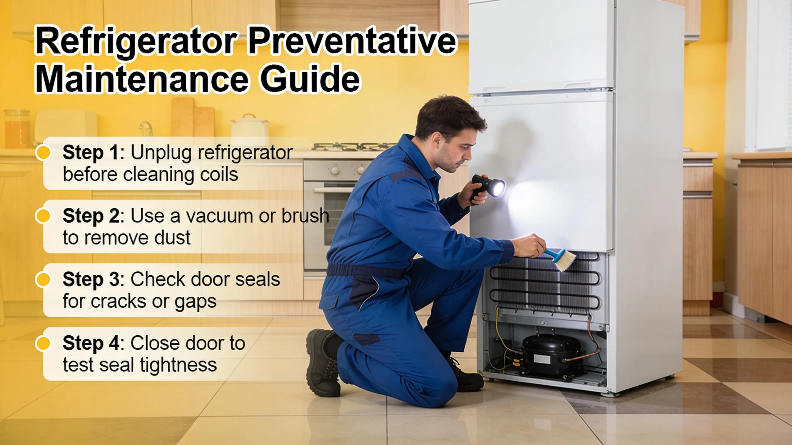 Technician performing preventative maintenance on a home refrigerator, demonstrating tips to extend appliance life