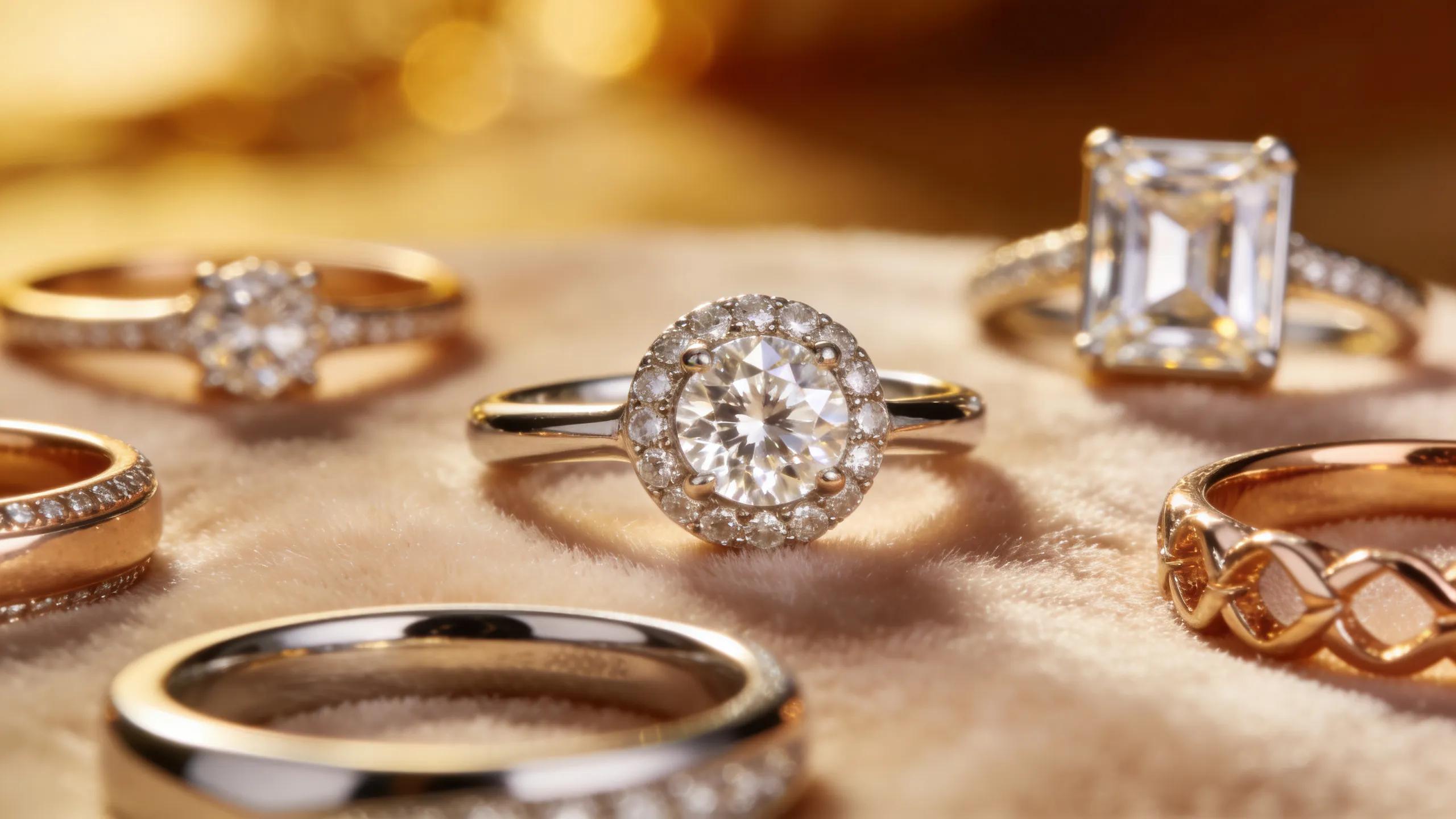 Various styles of engagement rings displayed on a velvet surface, showcasing classic and modern designs.