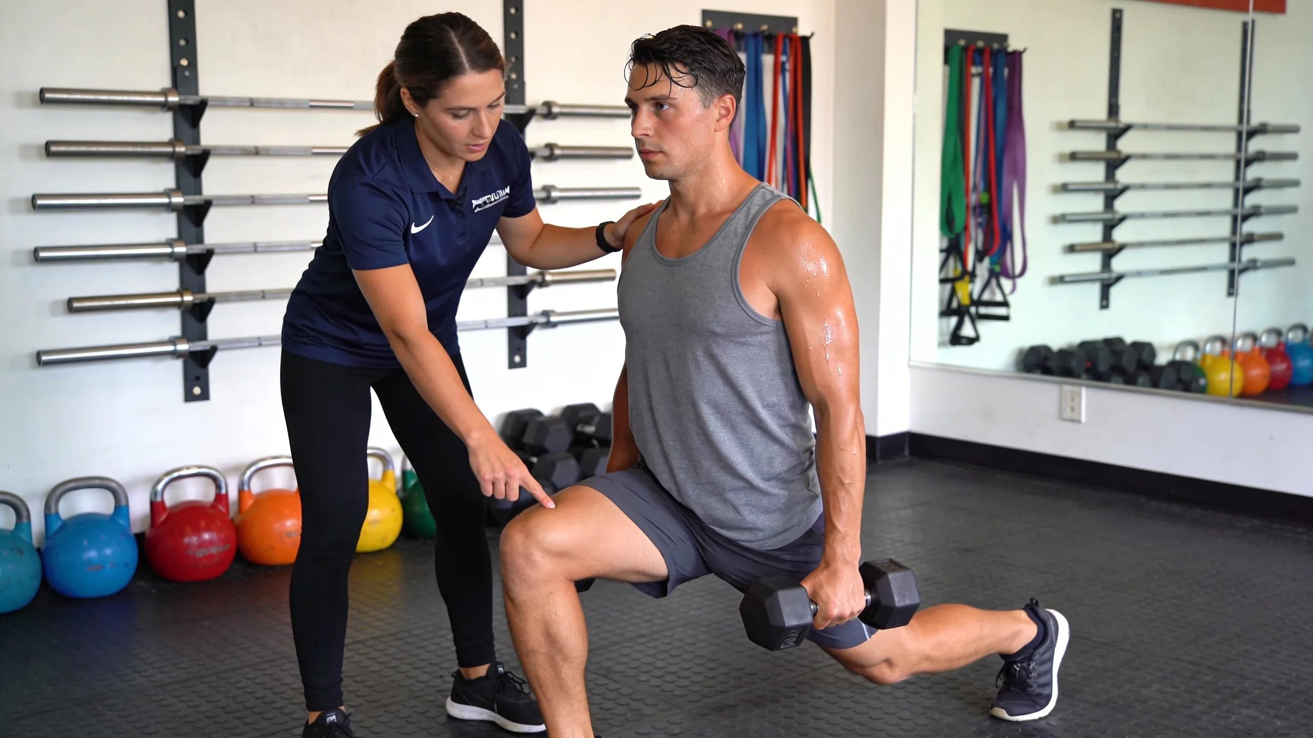 Personal trainer correcting client’s form to address muscle imbalances in a gym