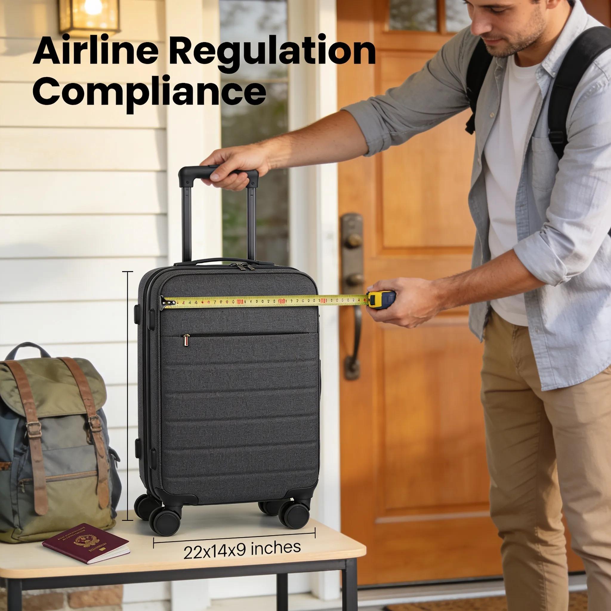 Measuring suitcase dimensions for compliance with airline regulations.