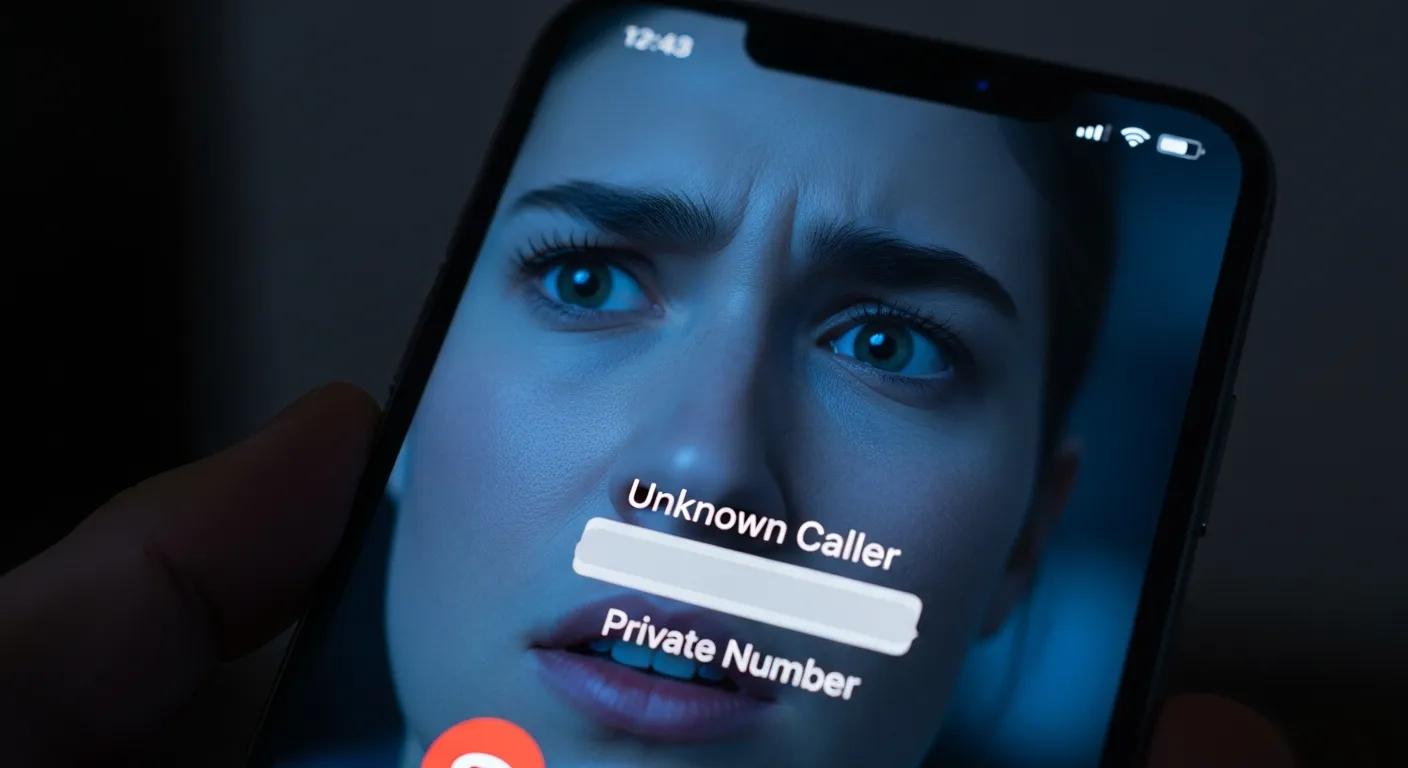 Smartphone showing an unknown caller ID while someone looks concerned
