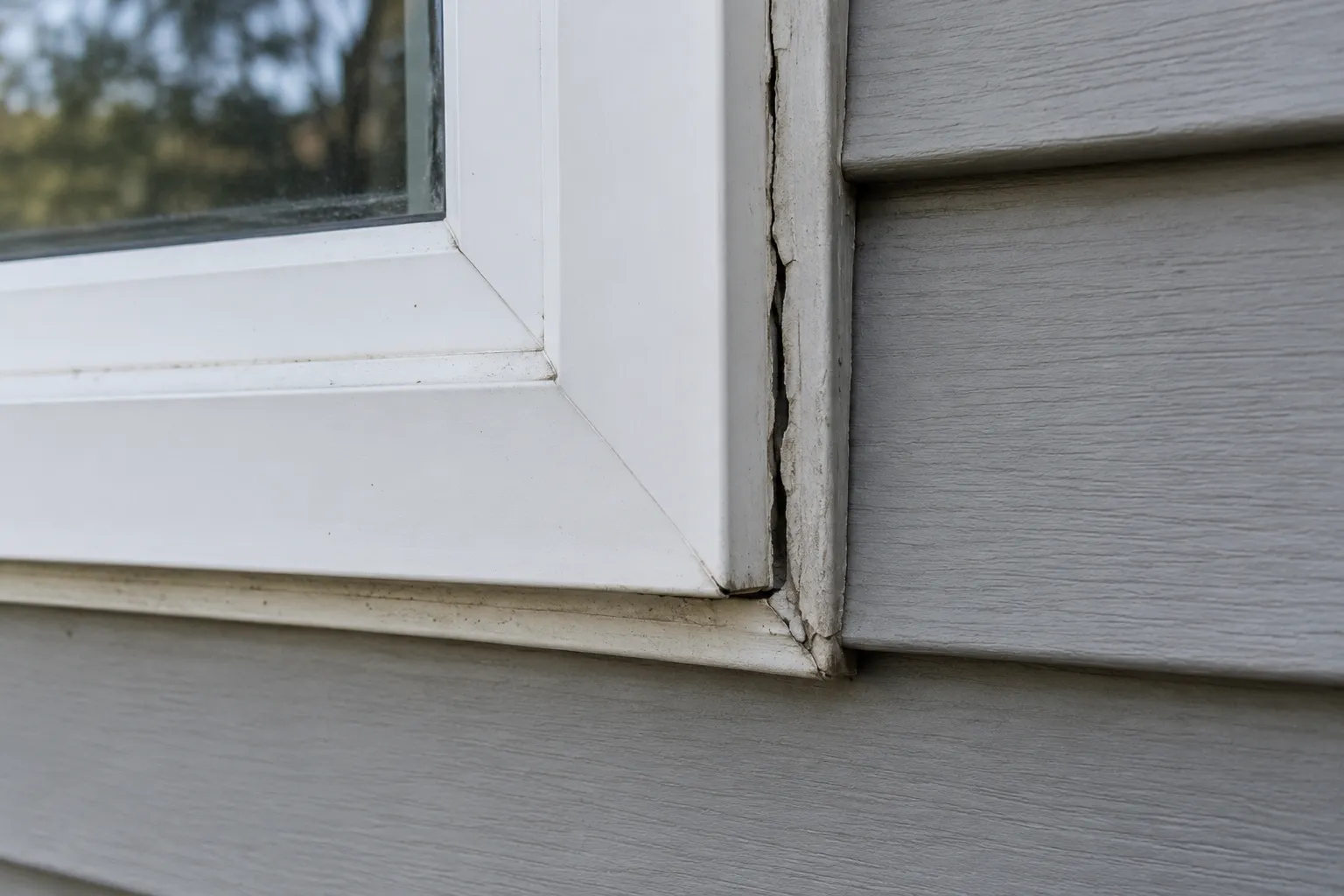 Cracked caulk pulling away from a window frame on vinyl siding